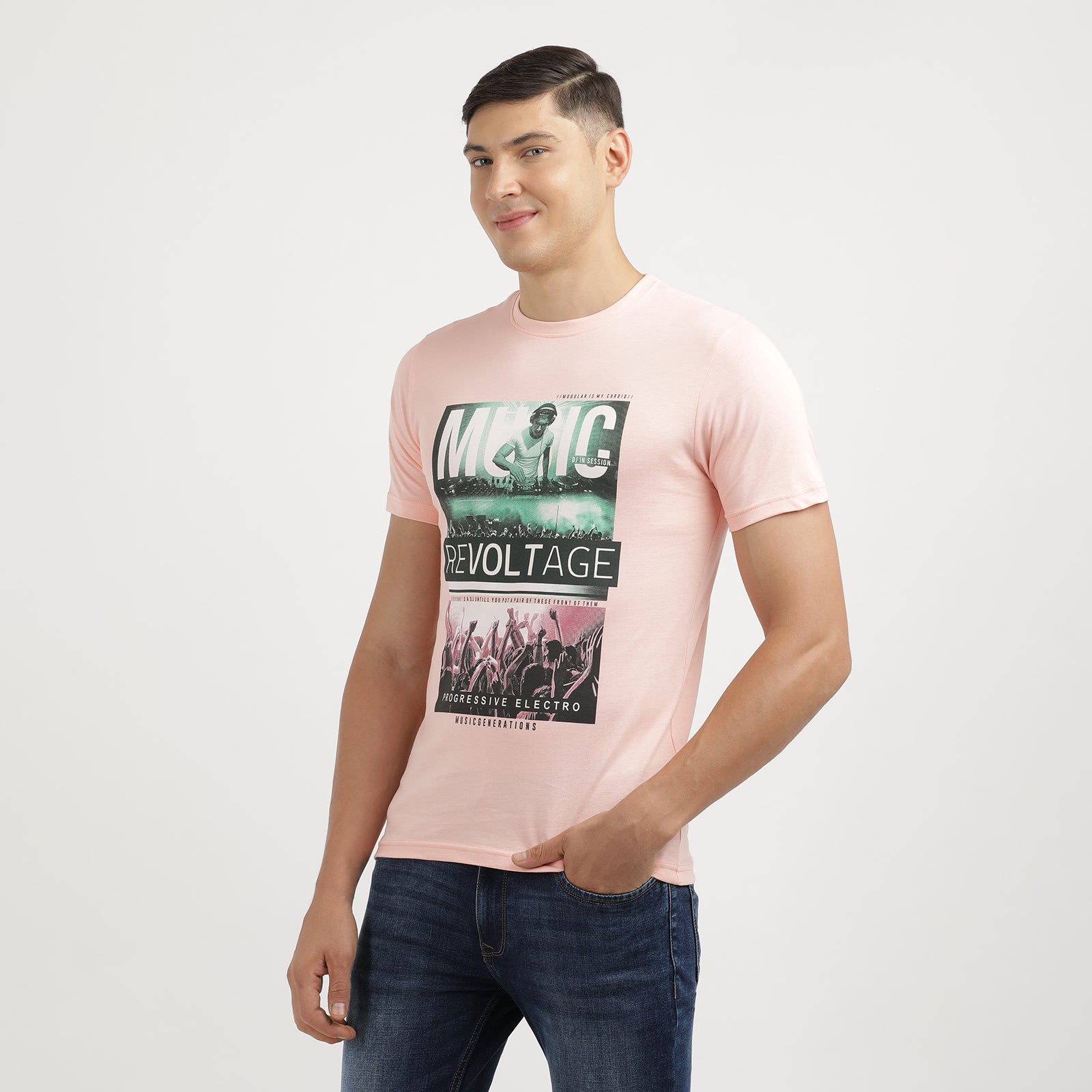 Men's Impatiens Pink Music Re voltage Progressive Electro Crew Neck  Graphic Printed T-Shirt