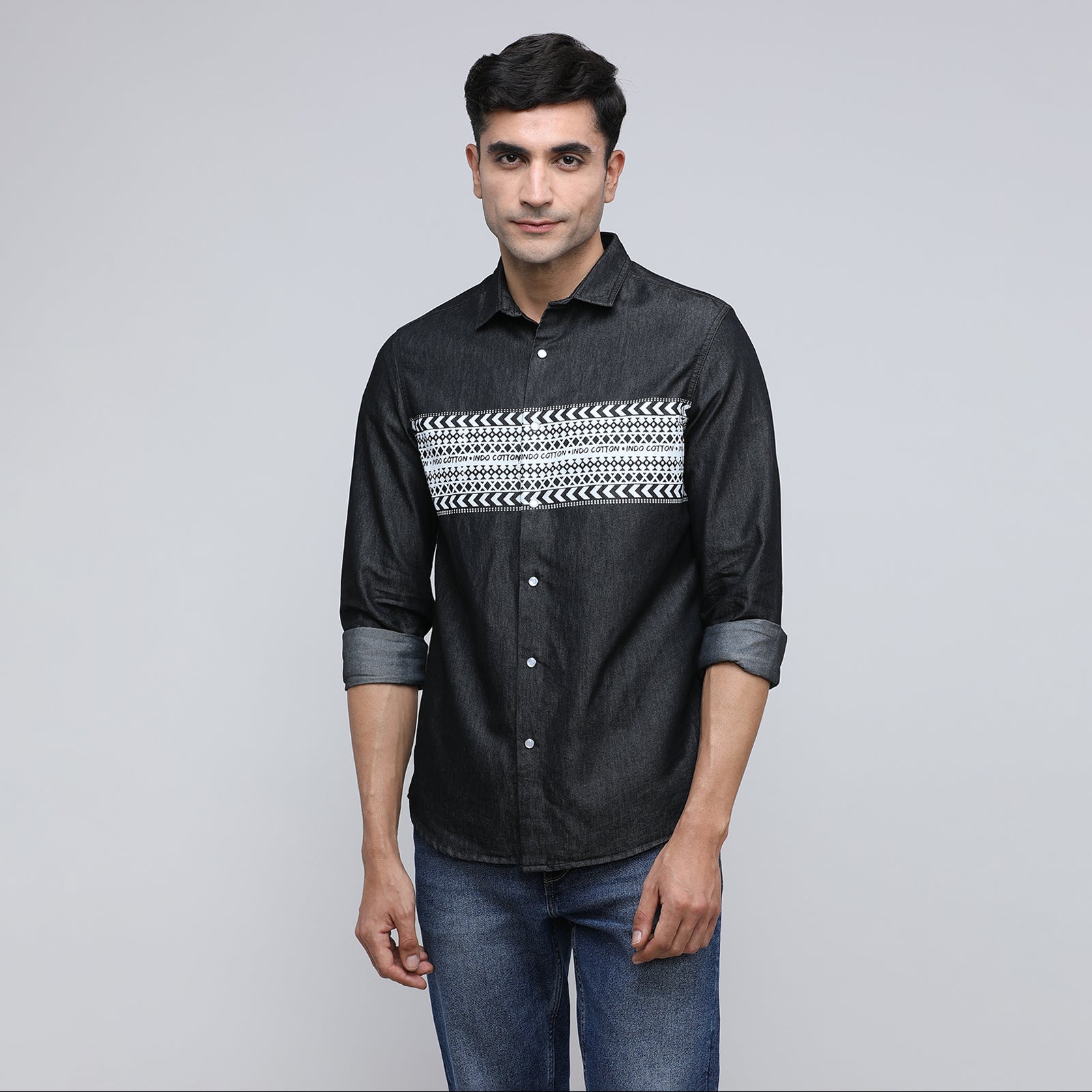 Indo Cotton Men's Denim Printed Full Sleeve Shirt