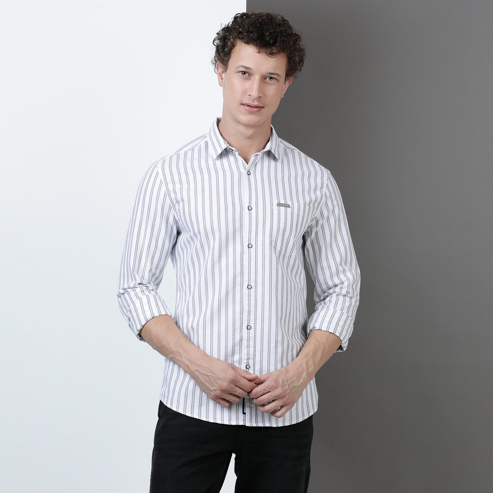 White Yarn Dyed Strips Full Sleeve Shirt