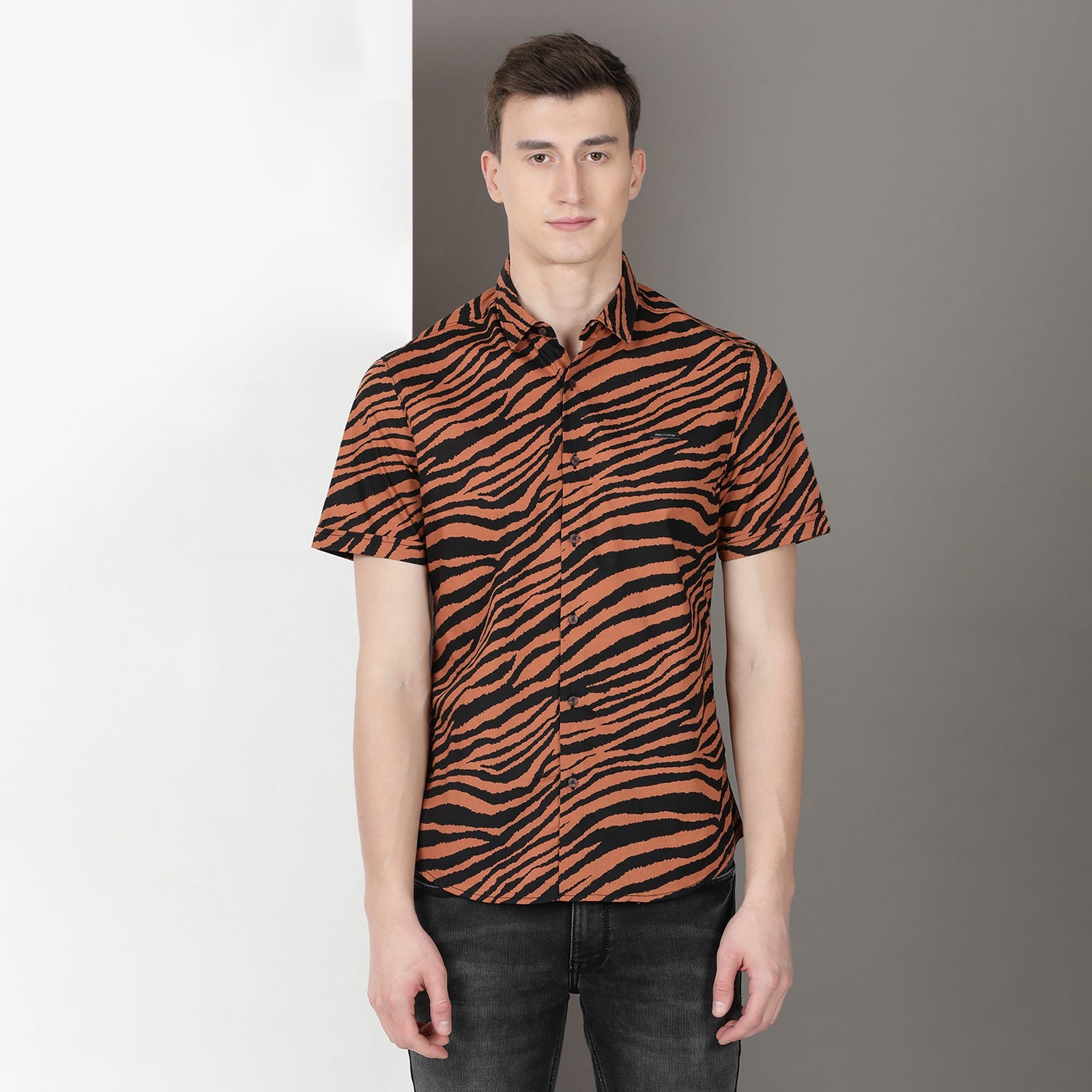 Brown & Black Animal Print Half Sleeve Shirt