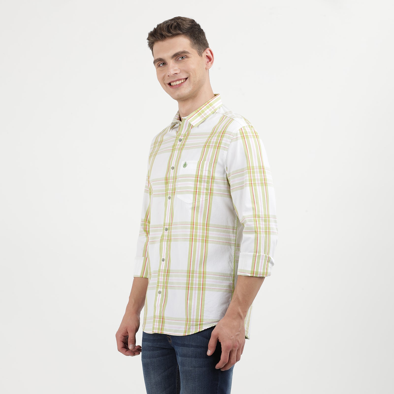 Men's Casual Long-Sleeve Plaid Shirt - White with Green Stripes