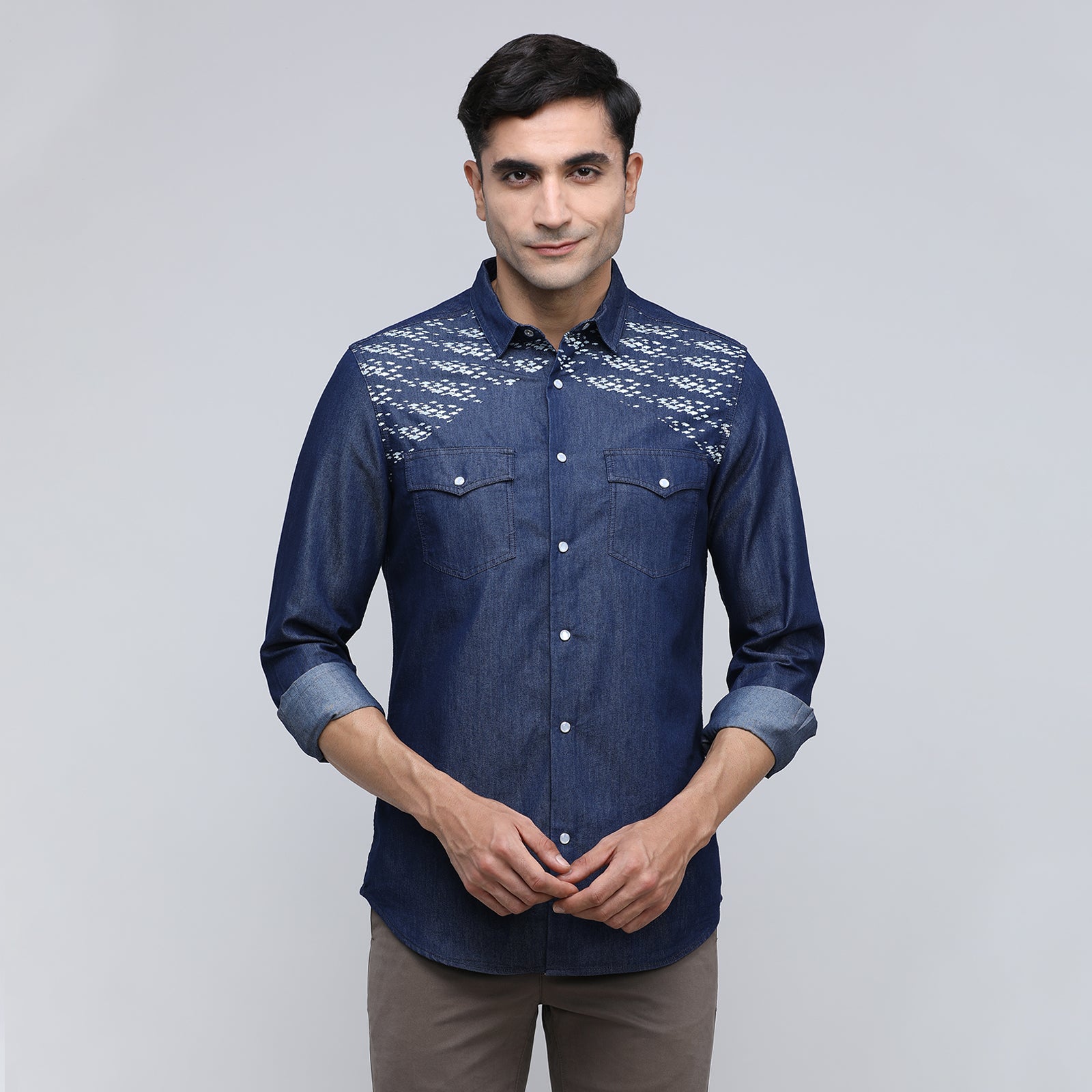 Indo Cotton Men's Printed Denim Full Sleeve Shirt