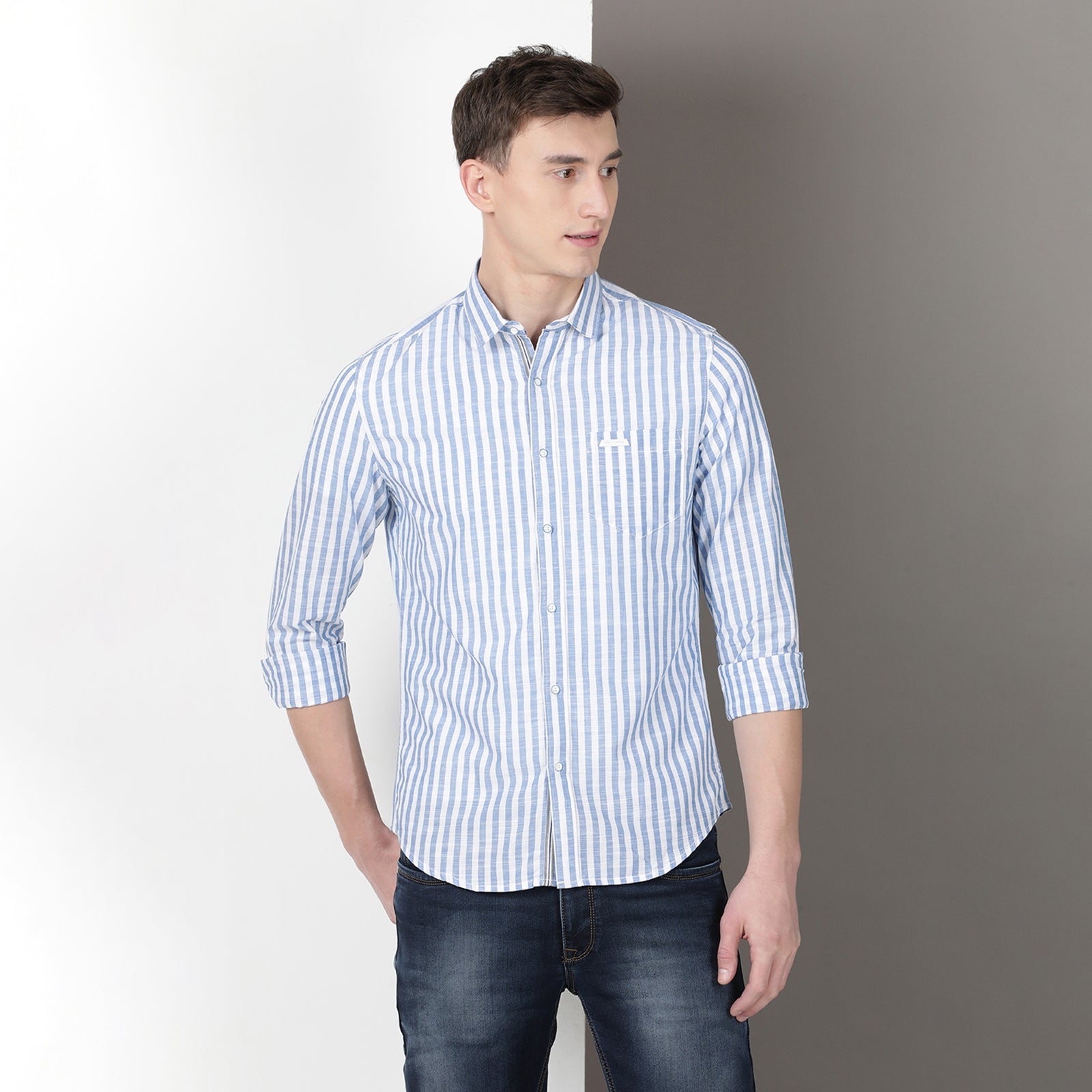 White & Navy Full Sleeve Stripes Shirt