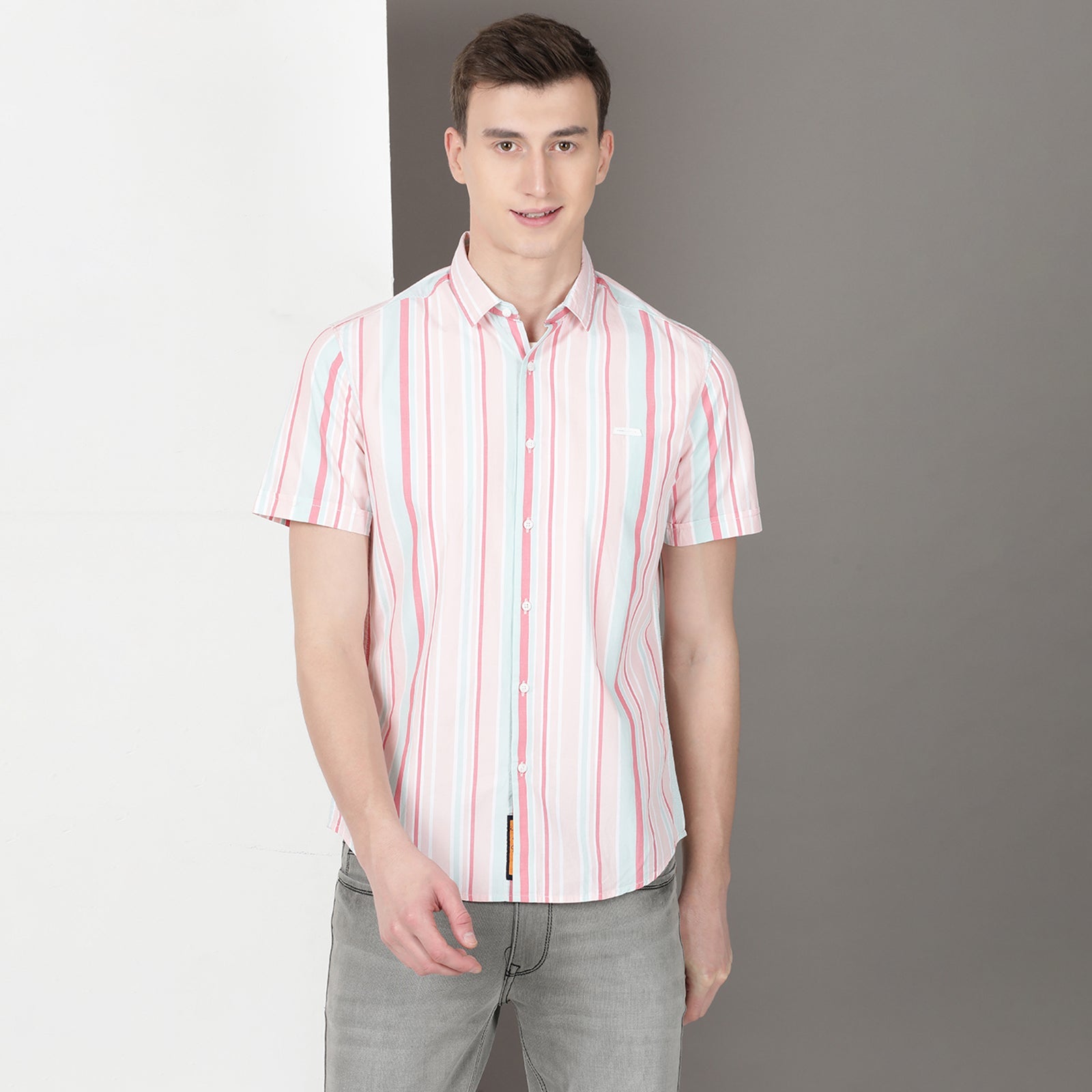 Pink & Green Half Sleeve Stripes Shirt