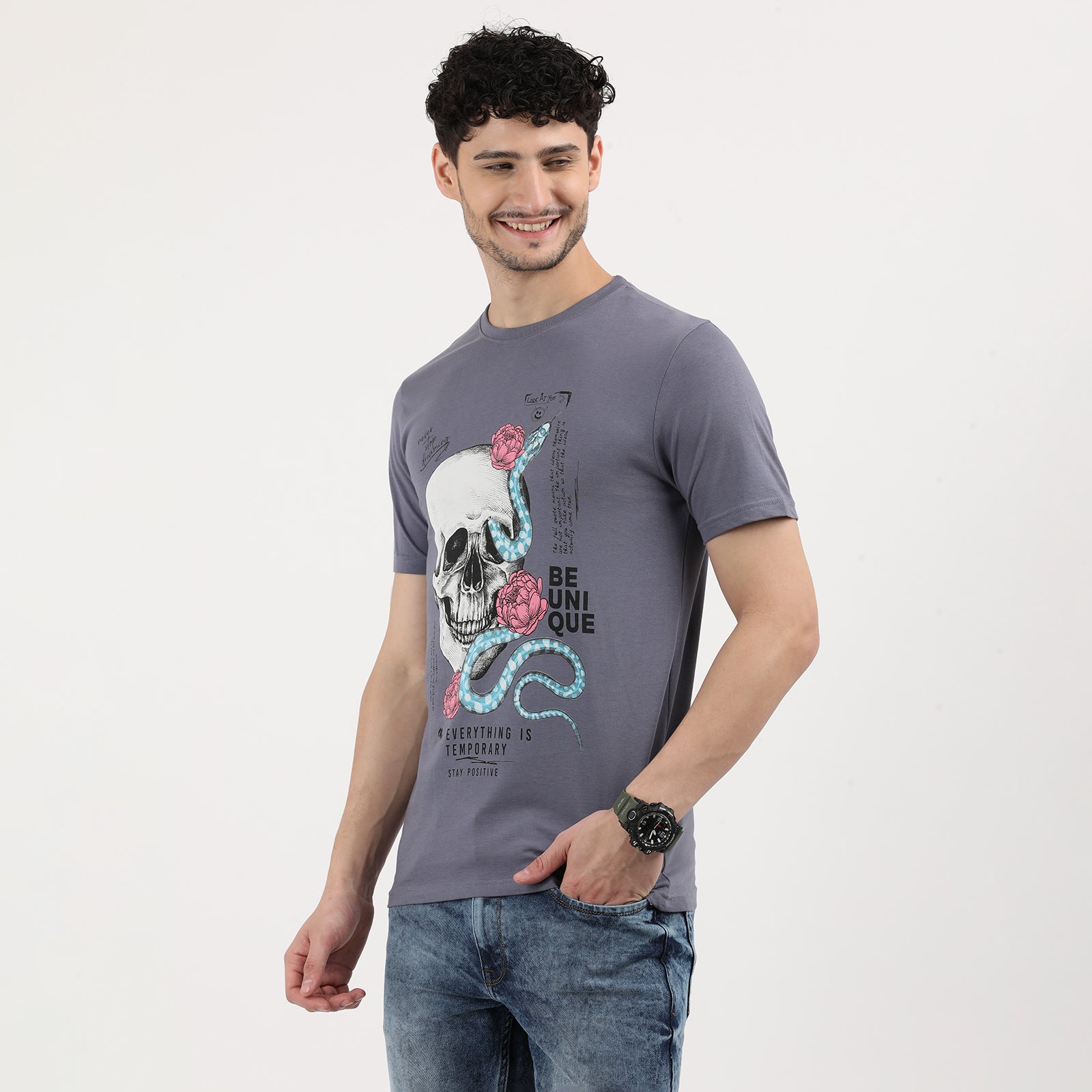 Grisaille Everything is Temporary Skull Print Round Neck T-Shirt