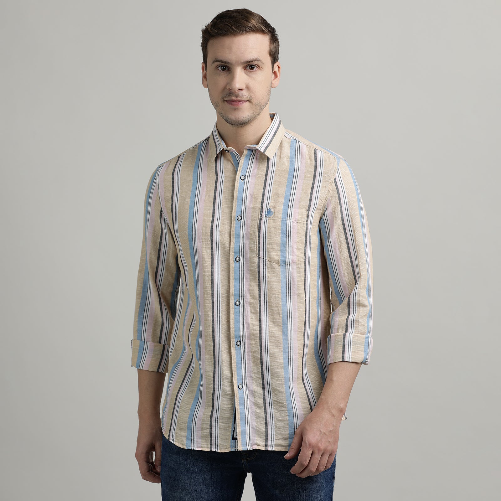 Beige Striped Full Sleeve Shirt