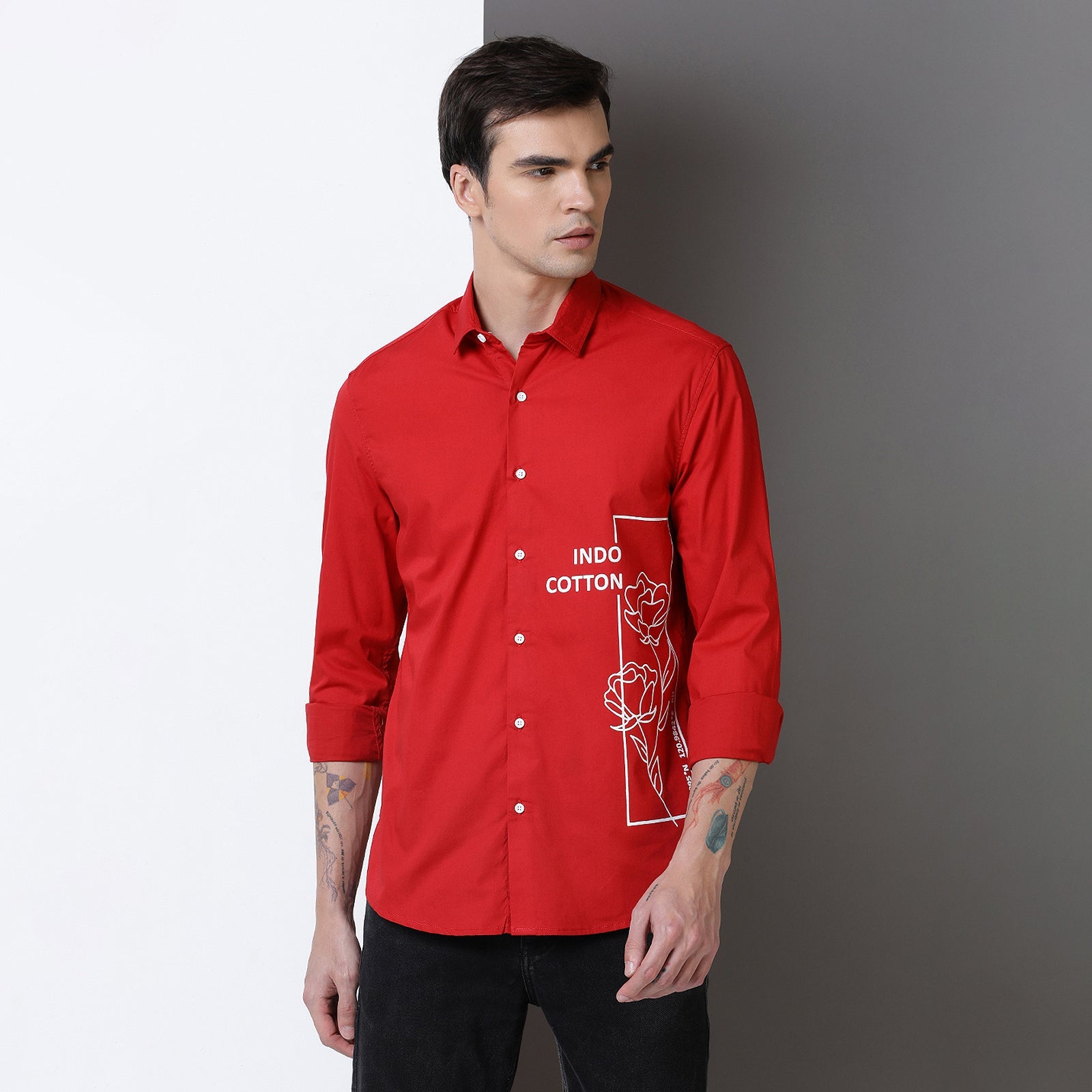 Red Colour With White Print Full Sleeve Shirt