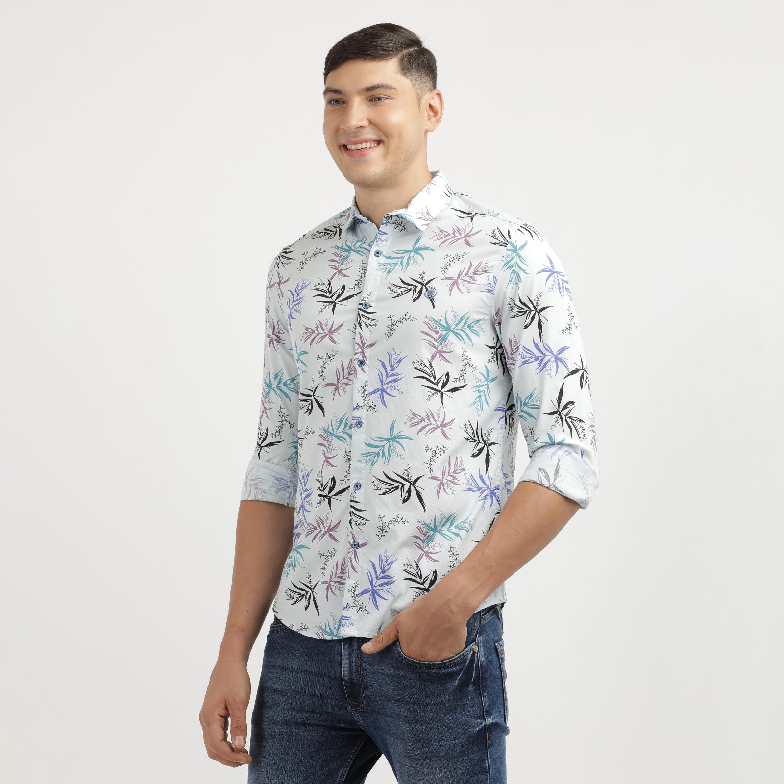 Illusion Blue Floral Print Full Sleeve Casual Shirt