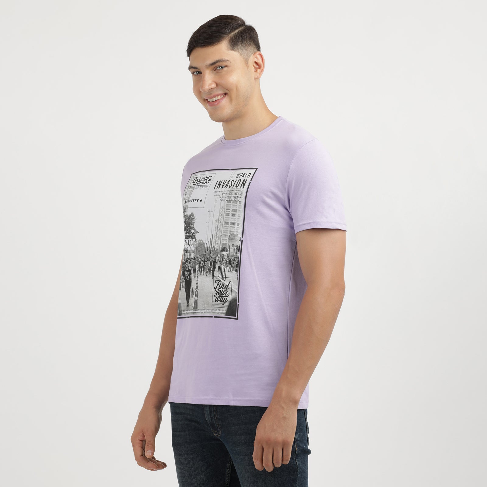 Men's Lavender World Invasion Find Your Way Round Neck Printed T-Shirt