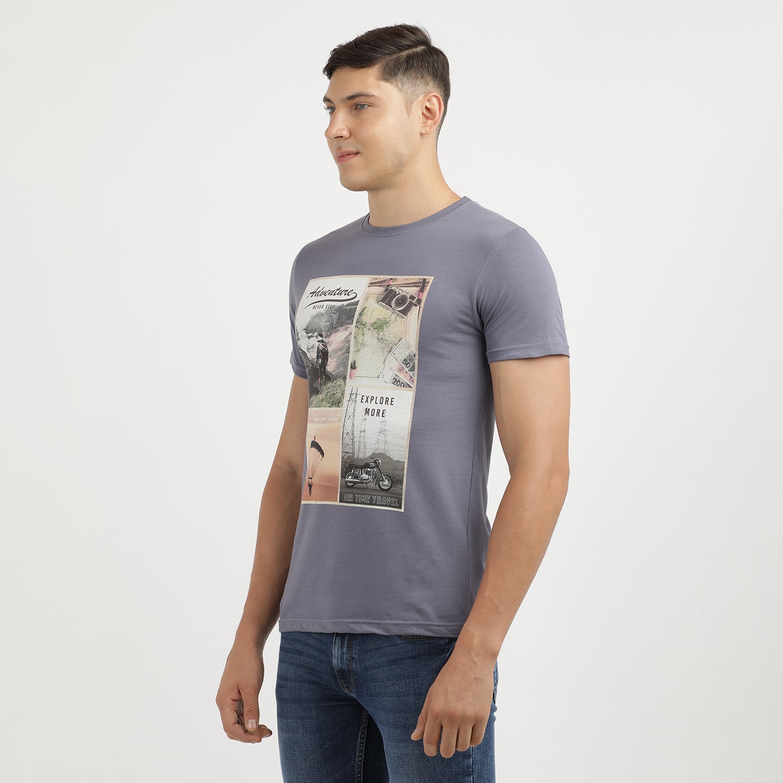 Men's Grisaille Adventure Never Stop And Air Time Travel Printed Round Neck T-Shirt