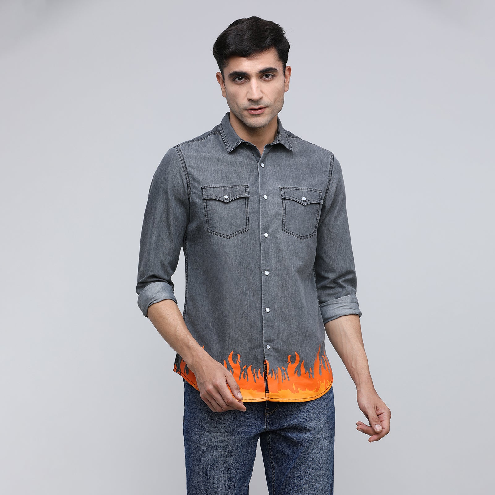 Indo Cotton Men's Denim Printed Full Sleeve Shirt