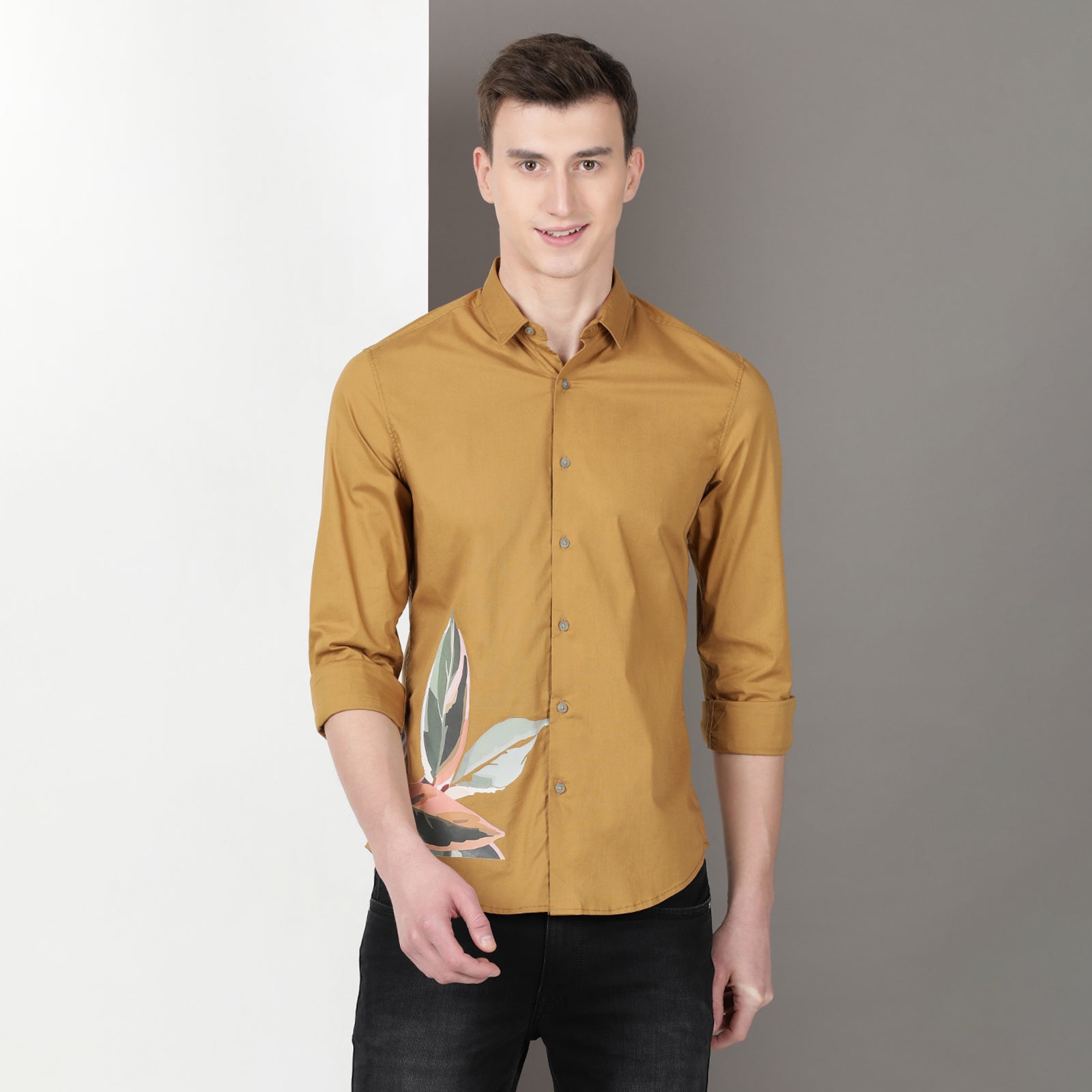 Mustard Solid Printed Full Sleeve Shirt