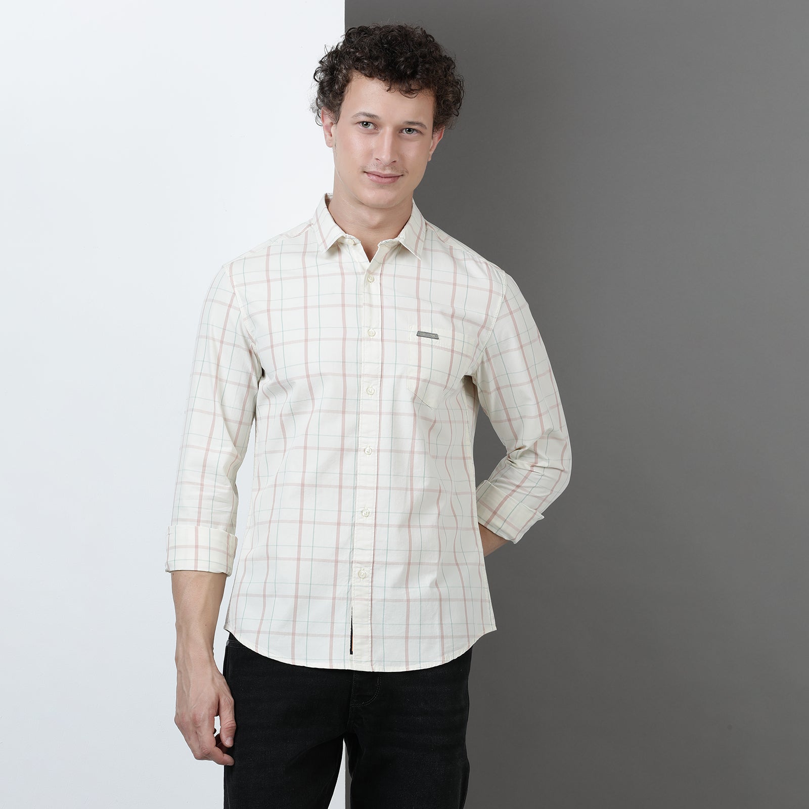 Cream Yarn Dyed Checks Full Sleeve Shirt