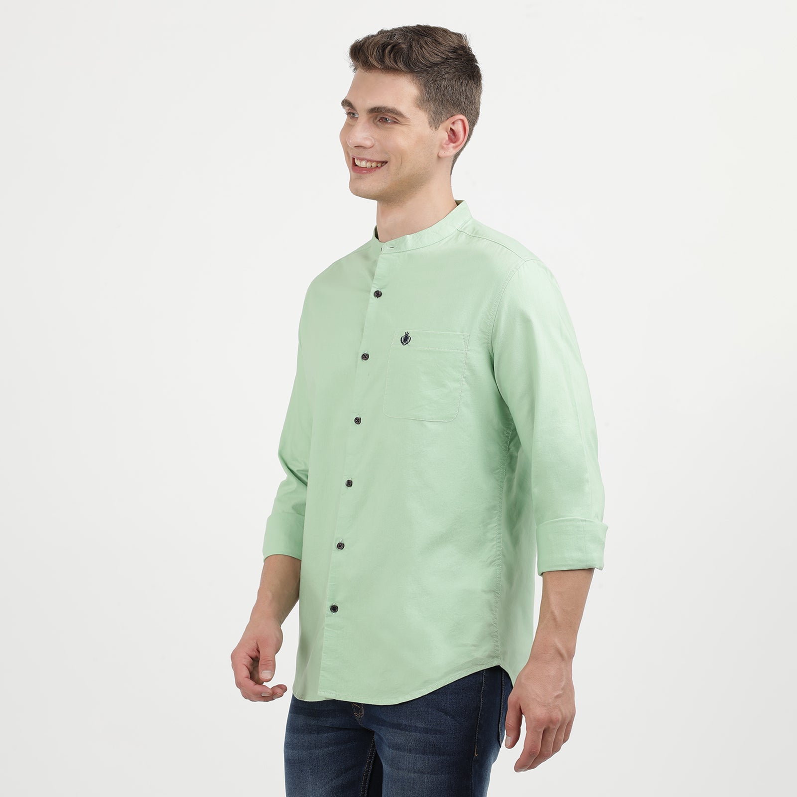 Green Solid Oxford Fabric Mandarin Collar Full Sleeve Casual Shirt