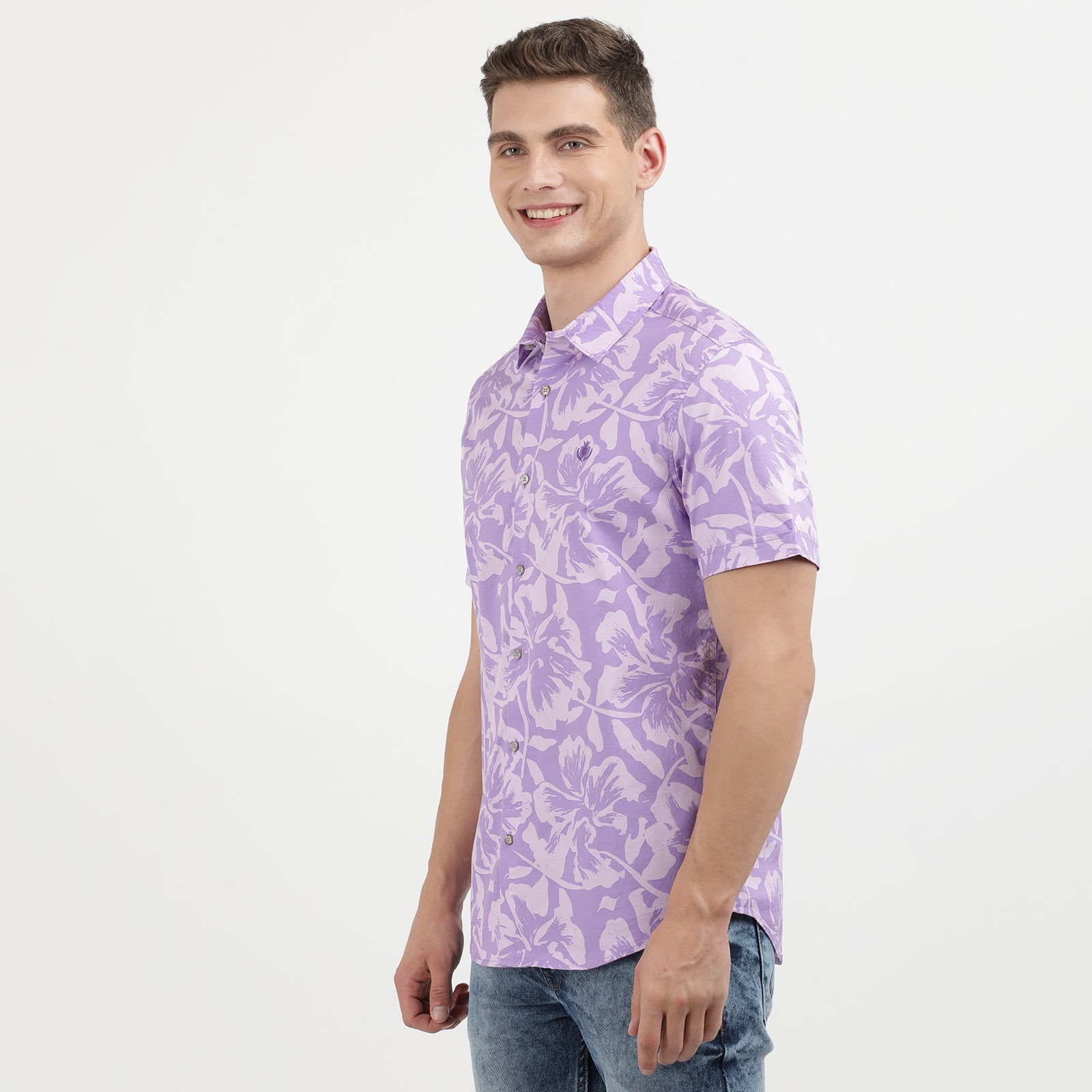 Men's Lilac Floral Print Short Sleeve Shirt