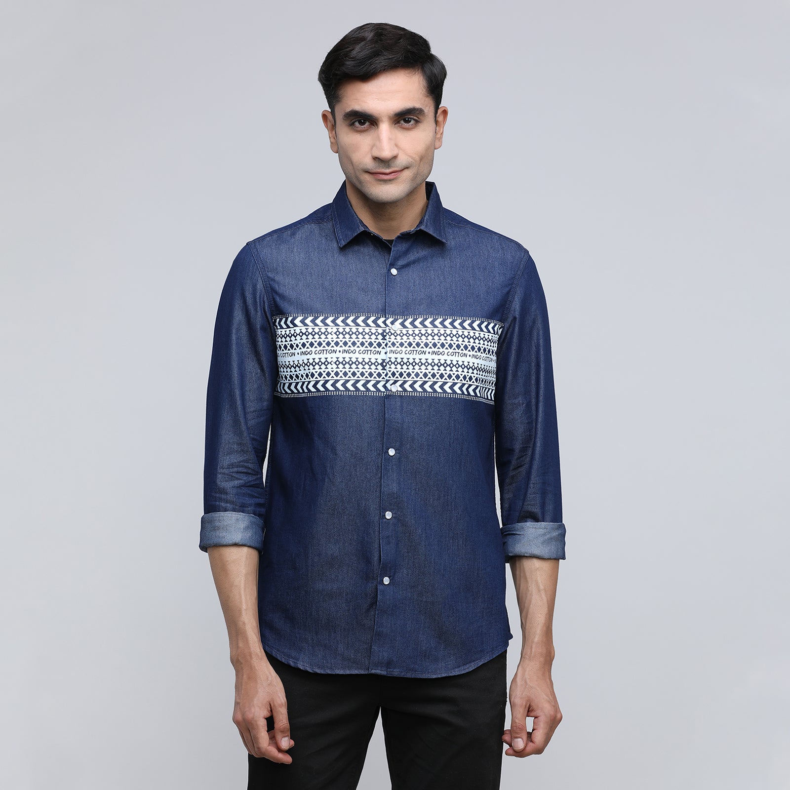 Indo Cotton Men's Denim Printed Full Sleeve Shirt