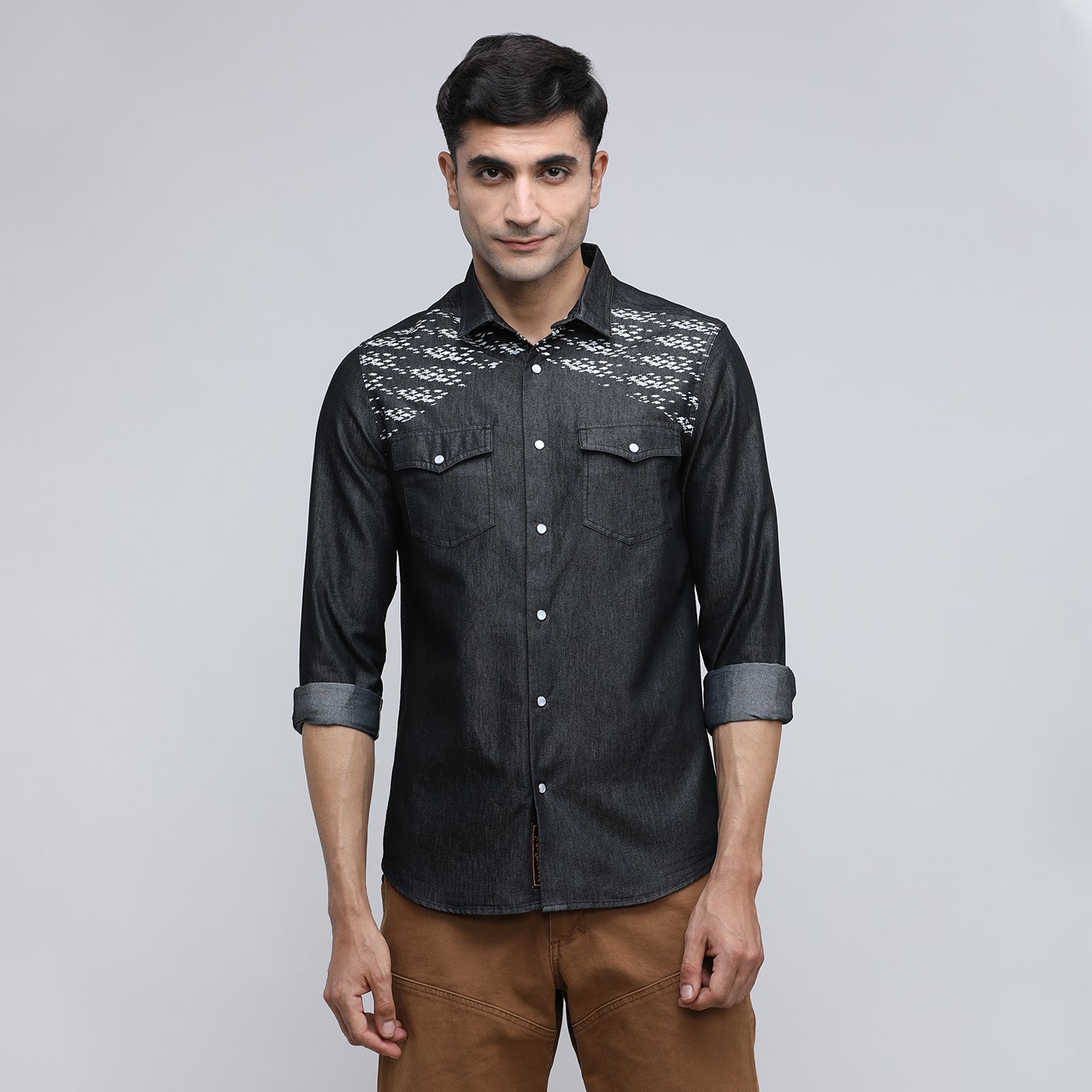 Indo Cotton Men's Printed Denim Full Sleeve Shirt