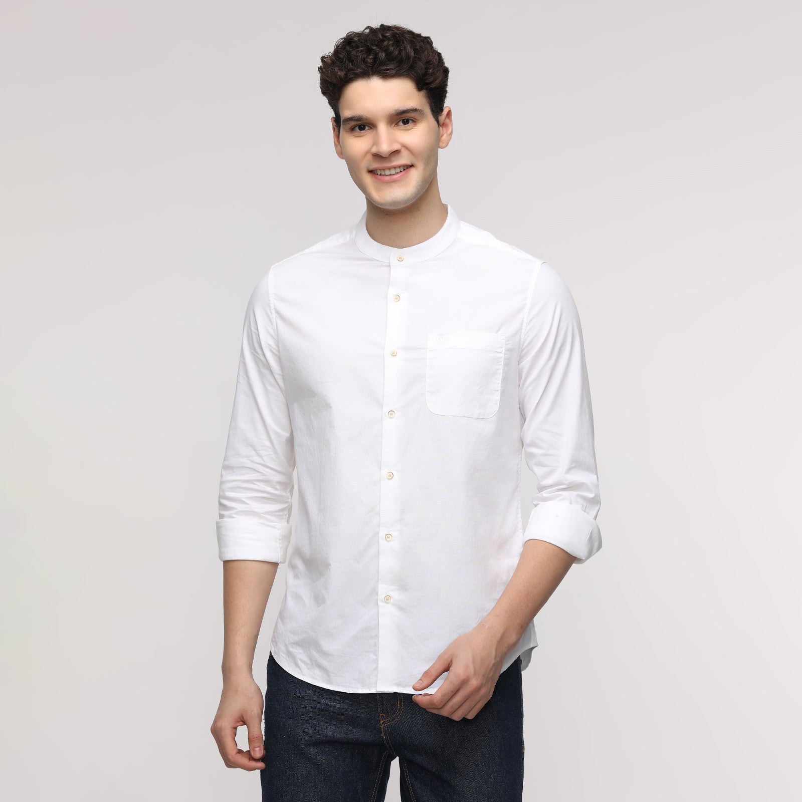 Men's White colored Solid Oxford Fabric Mandarin Full Sleeve Casual Shirt