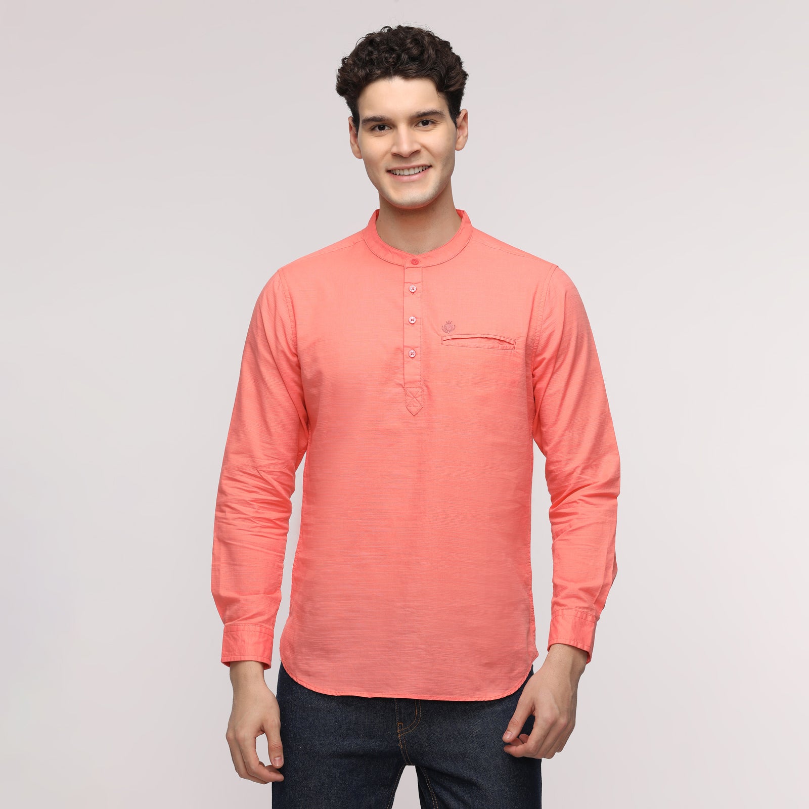 Men's Ocean Coral Full Sleeve Solid Short Kurthi