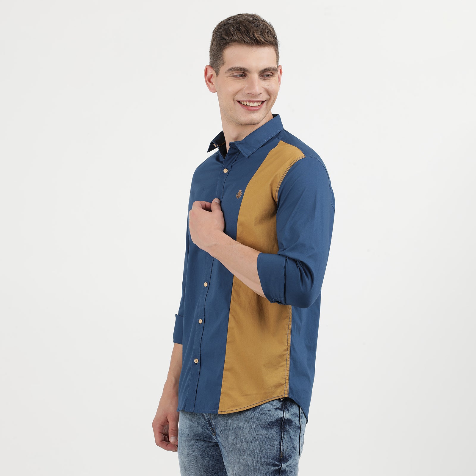 Poseidon Blue and Grit Colored Cut and Sew Full Sleeve Casual Shirt