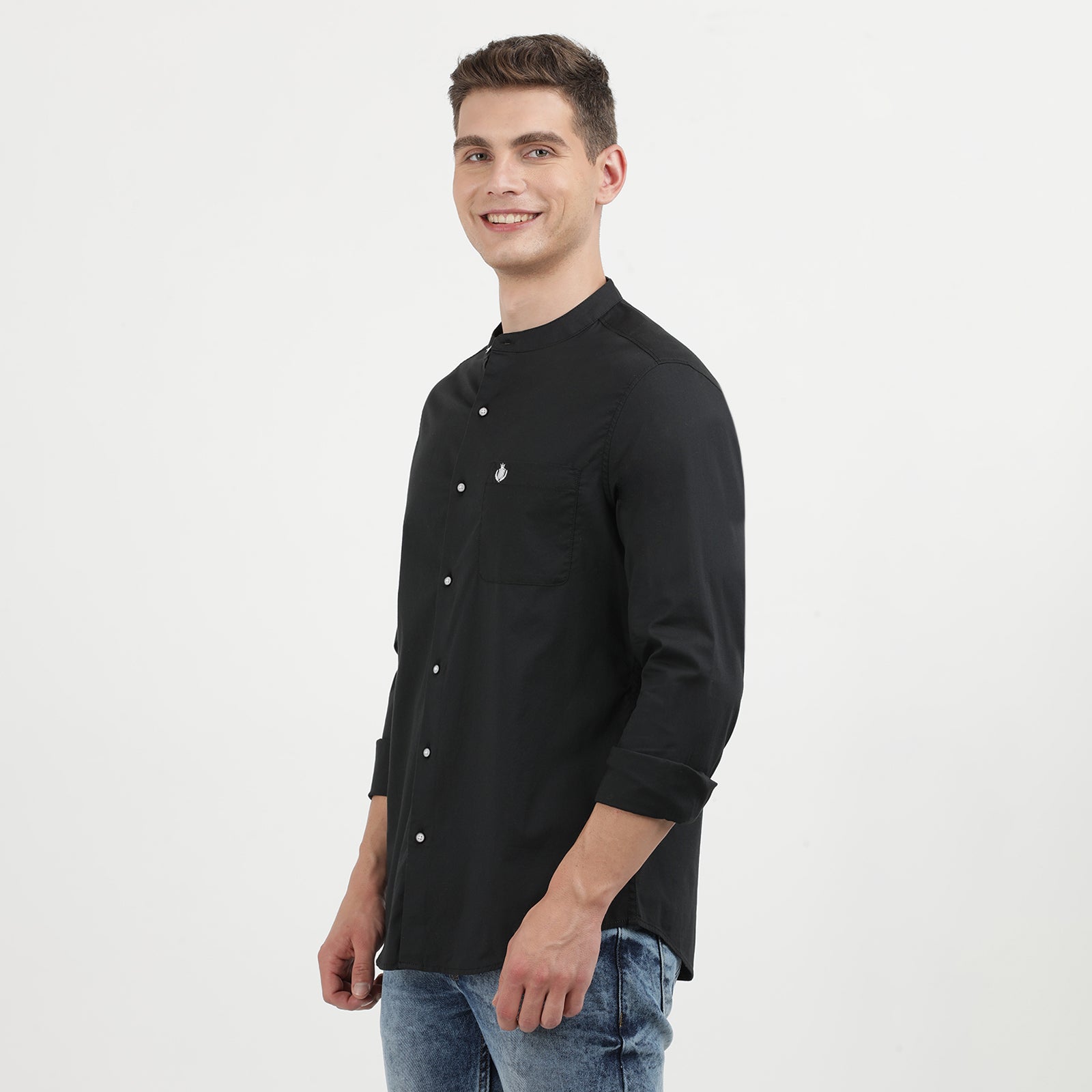 Black Solid Mandarin Collar Full Sleeve Casual Shirt