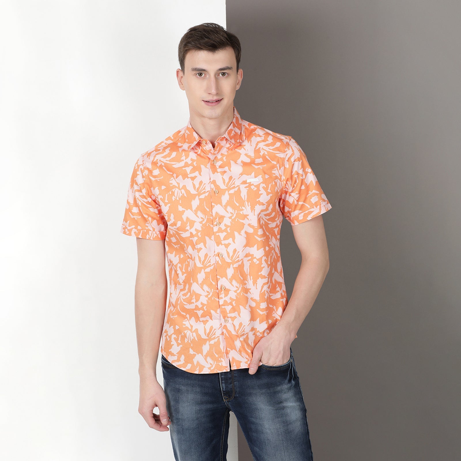 Orange Half Sleeve Floral Printed Shirt