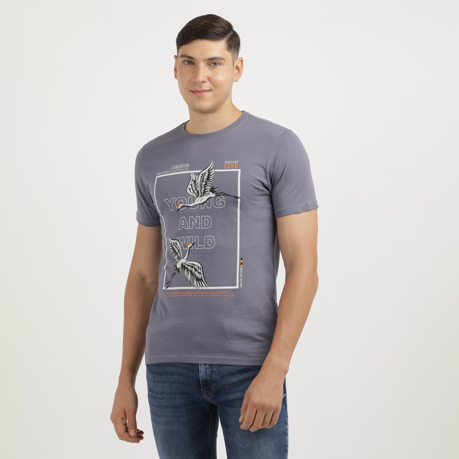 Men's Grisaille Young And Wild  Crew Neck Printed T-Shirt