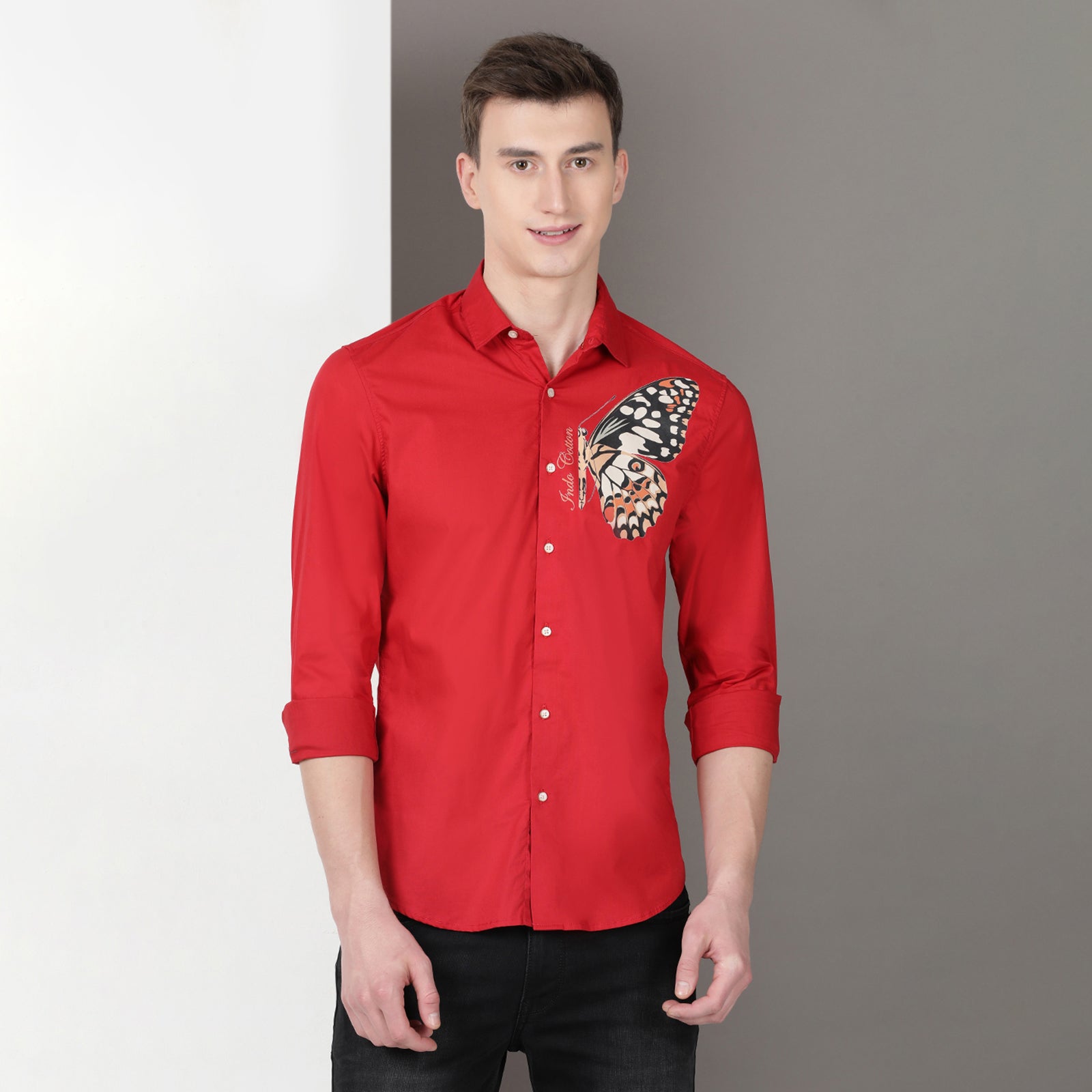 Red Solid Printed Full Sleeve Shirt