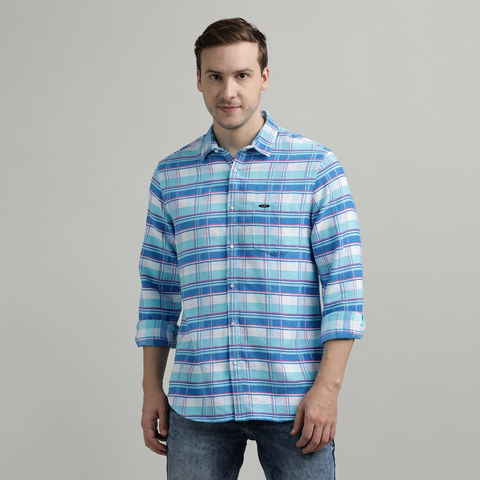 Aqua Blue And White Checks Full Sleeve Shirt