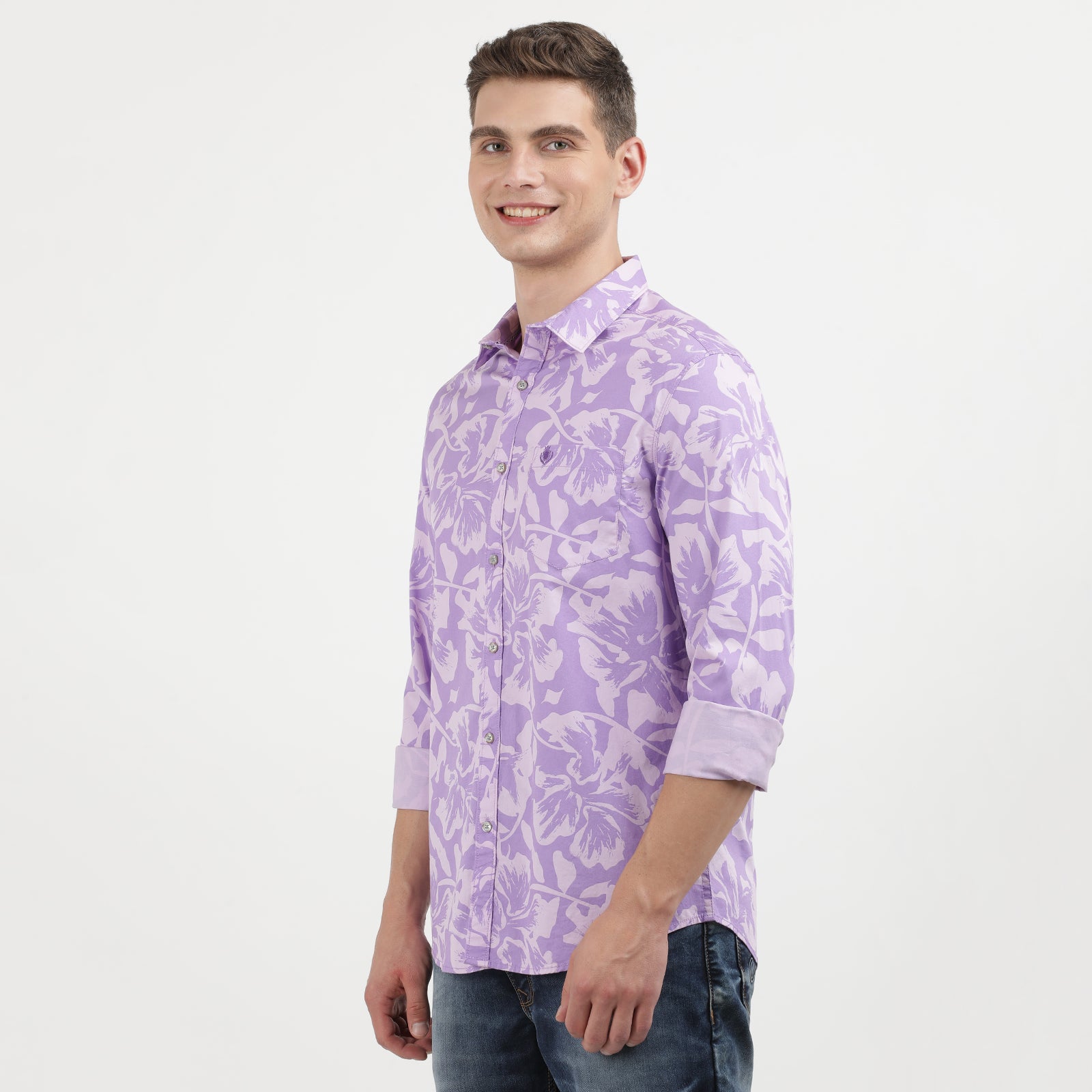 Men's Lilac Floral Print Long Sleeve Shirt