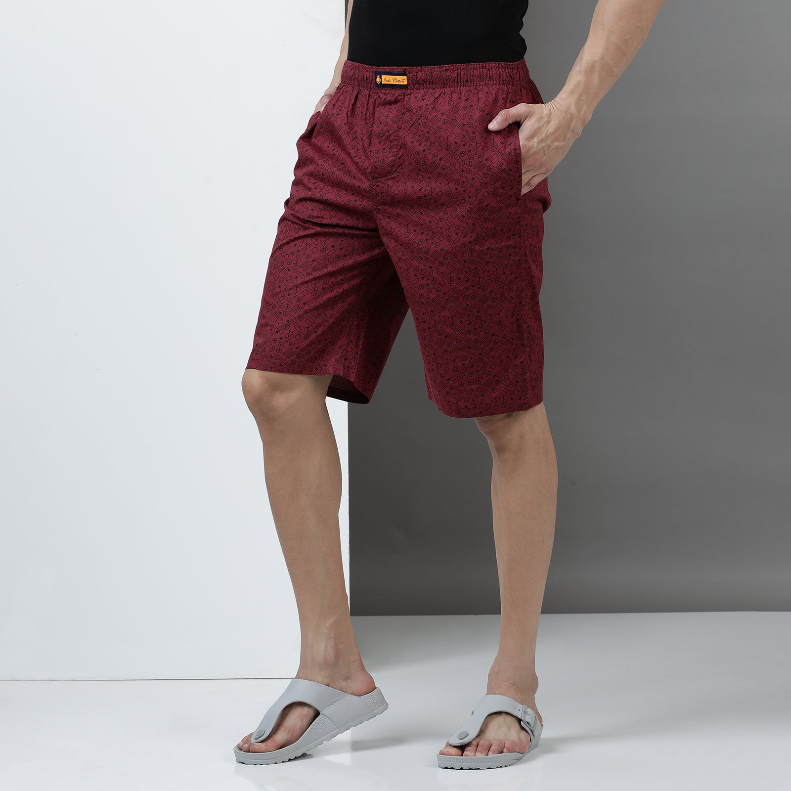 Marron Cotton Printed Long Thigh Shorts