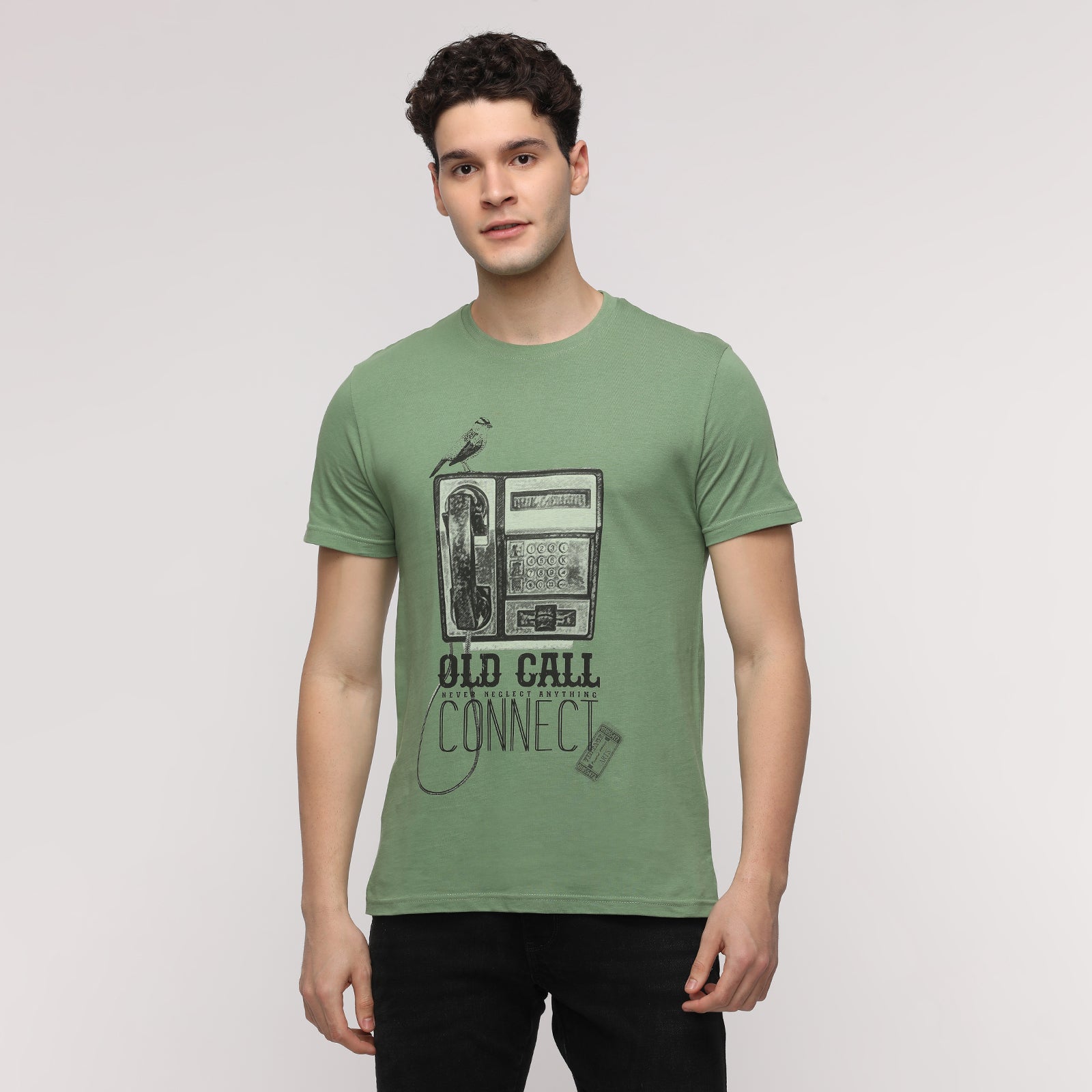 Men's Turf Green OLD CALL CONNECT Graphic printed Round Neck T-Shirt