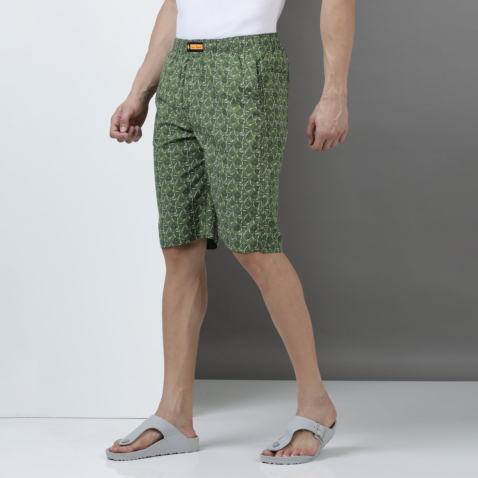 Green Cotton Printed Long Thigh Shorts