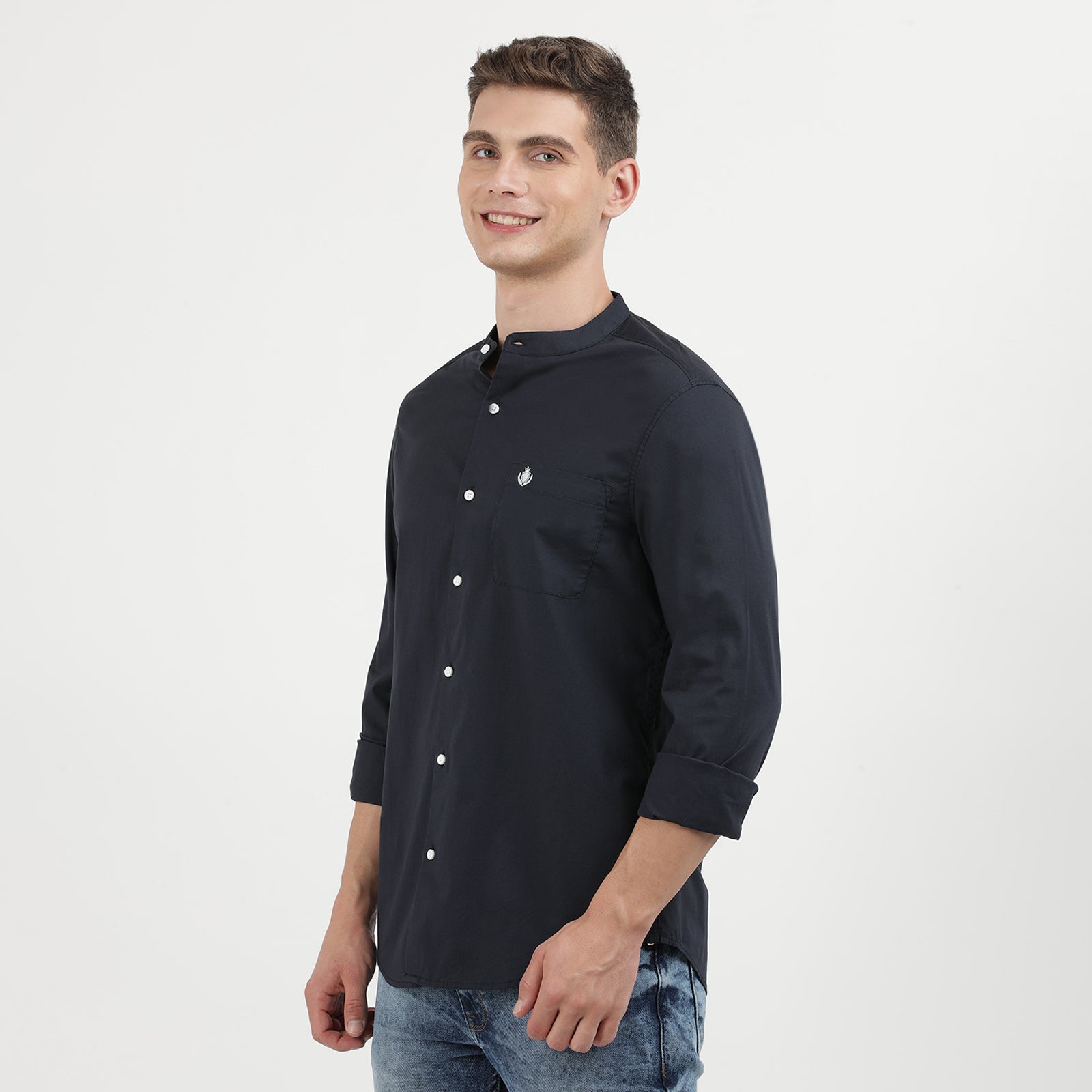 Elegant Dark Navy Mandarin Collar Casual Shirt