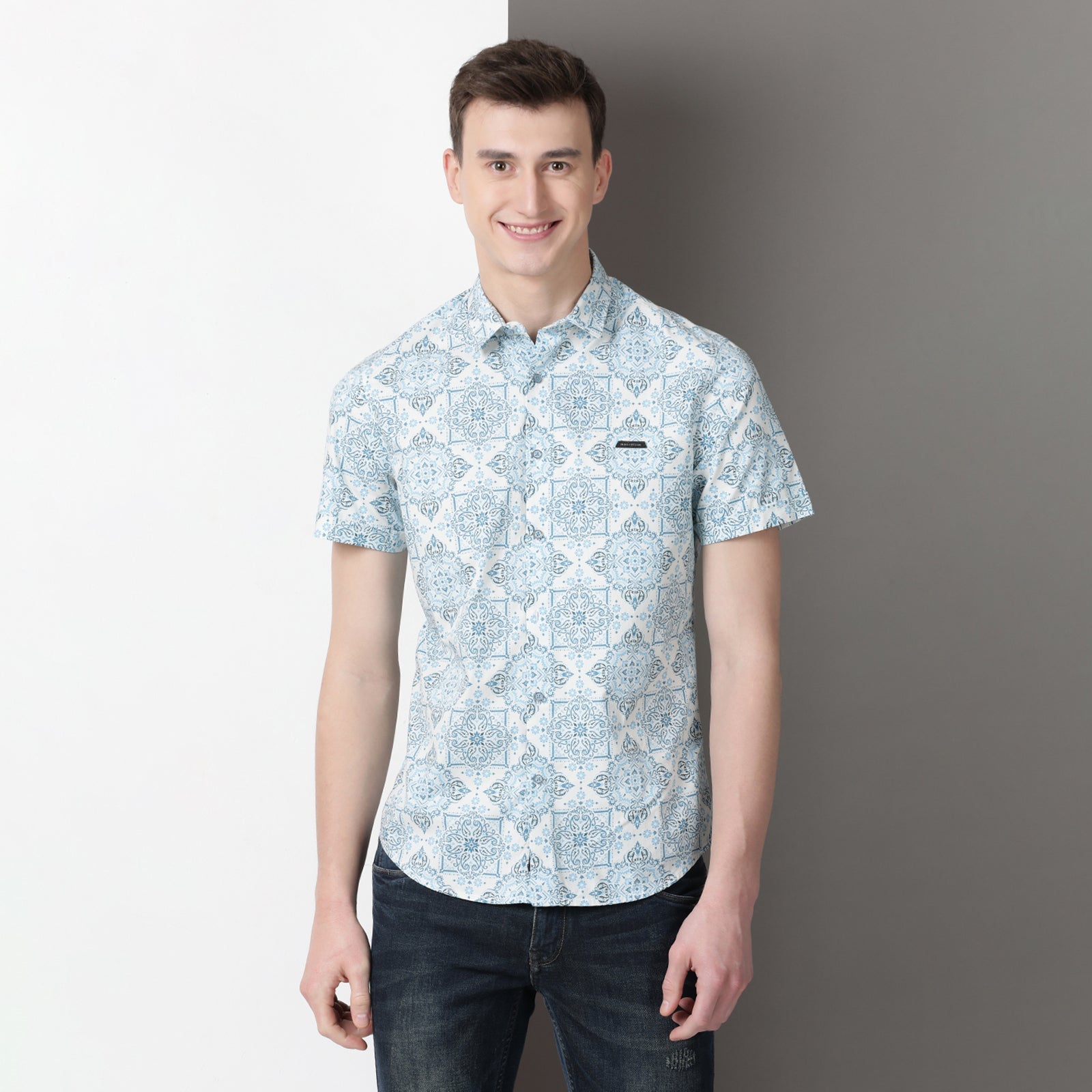 Blue & Teal Printed Half Sleeve Shirt