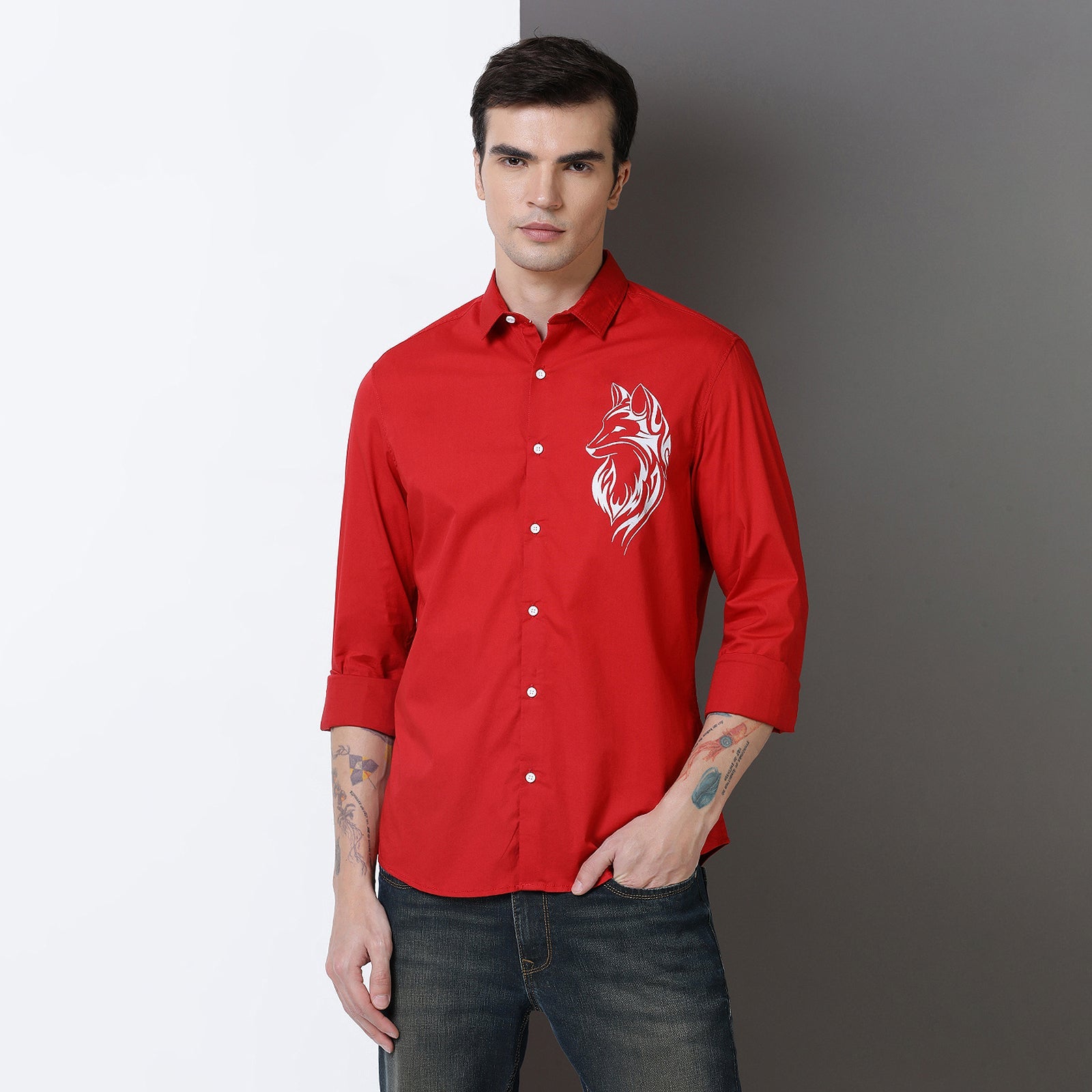 Red Colour With White Print Full Sleeve Shirt