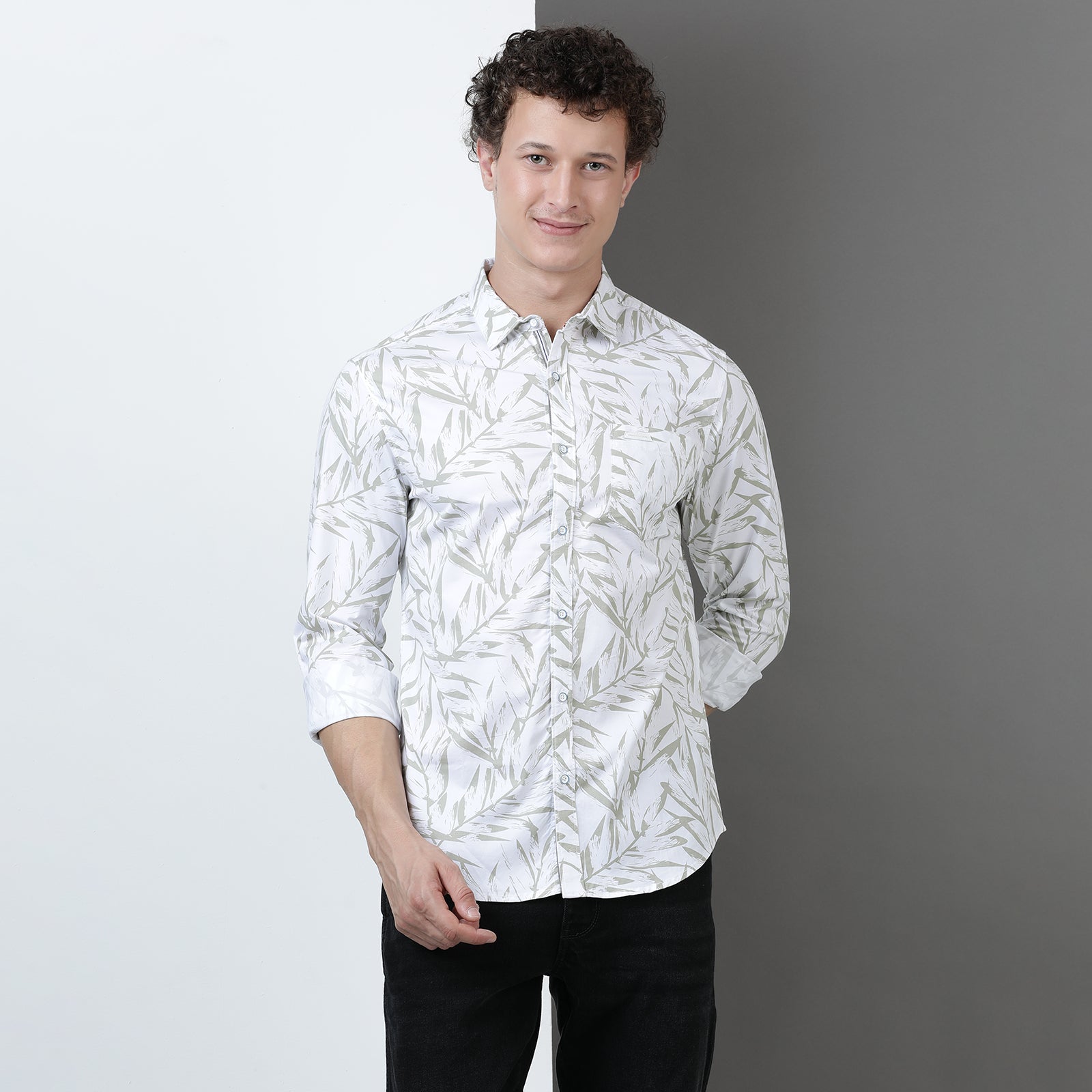 White & Green Printed Full Sleeve Shirt