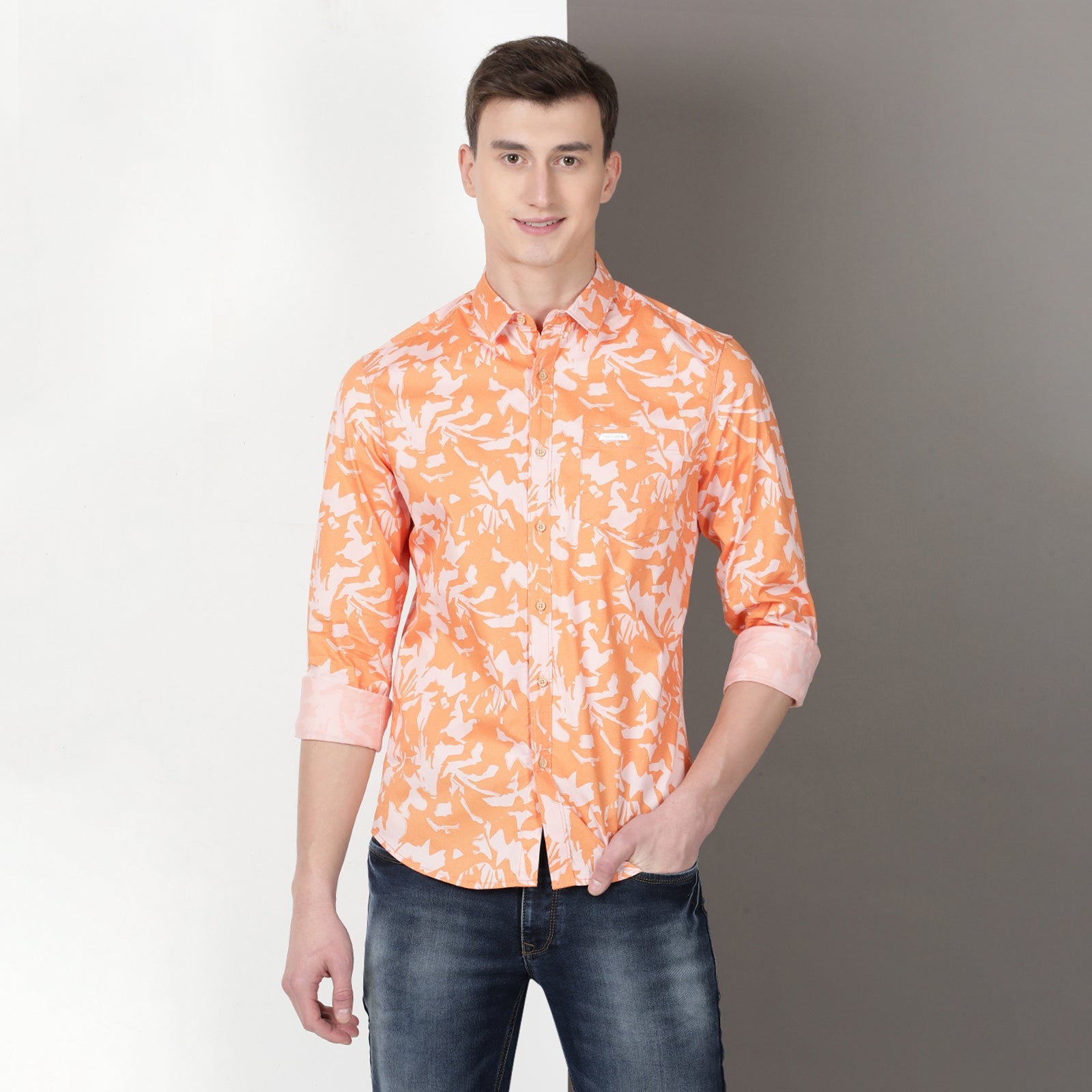 Orange Full Sleeve Floral Printed Shirt