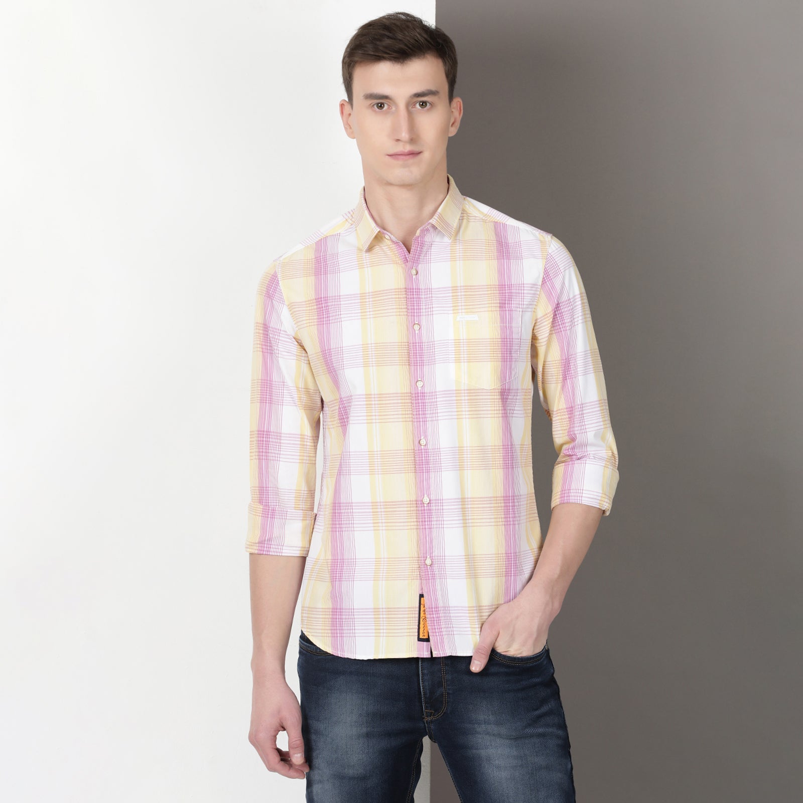 Purple & Yellow Full Sleeve Checks Shirt