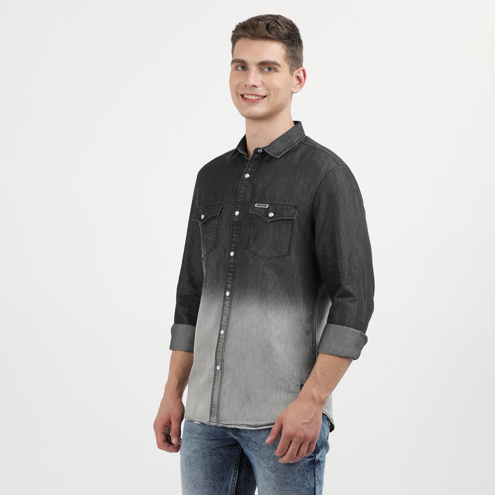 Denim Black Heavy Wash Half and Half Full Sleeve Casual Shirt