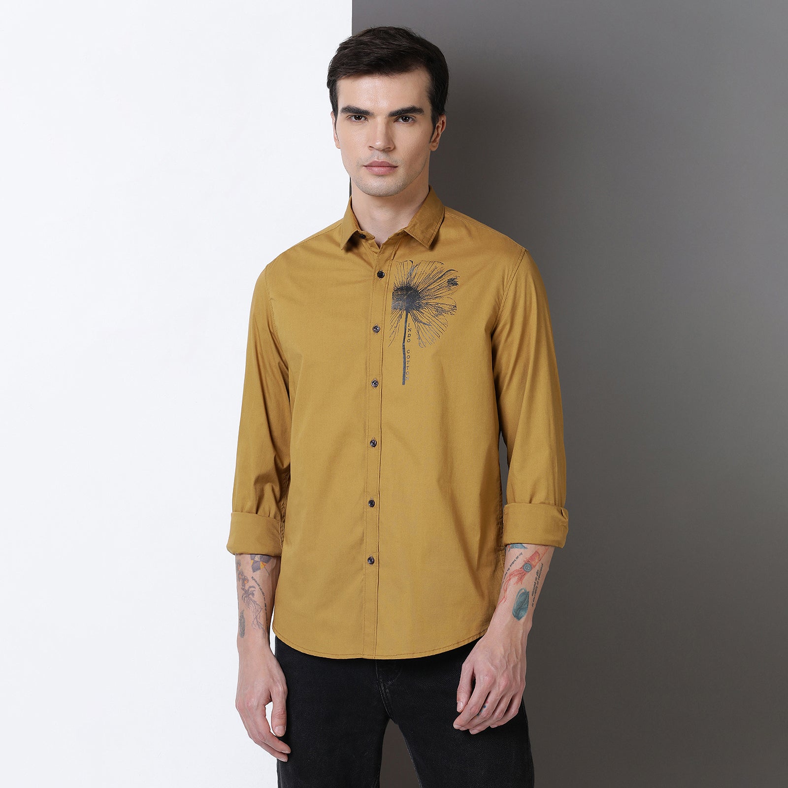 Mustard Color With Black Print Full Sleeve Shirt