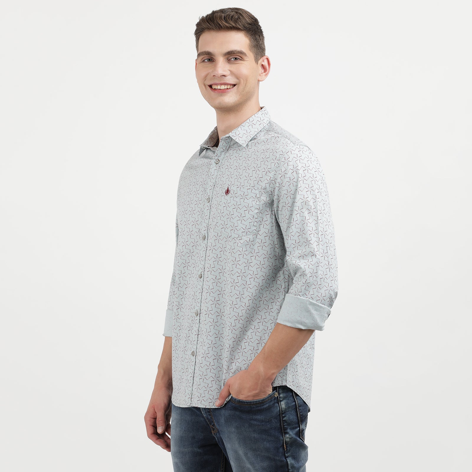 Men's Grey Geometric Print Long Sleeve Shirt