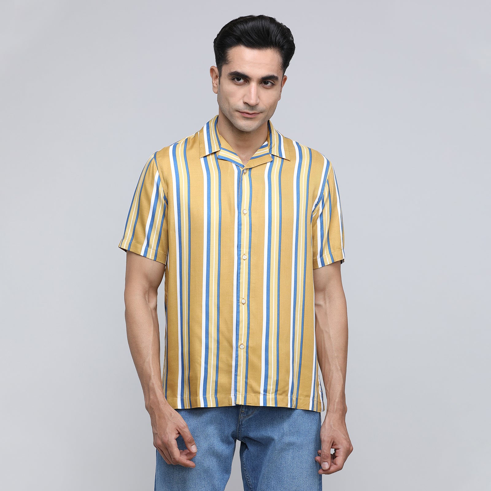 Indo Cotton Men's Striped Half Sleeve Shirt