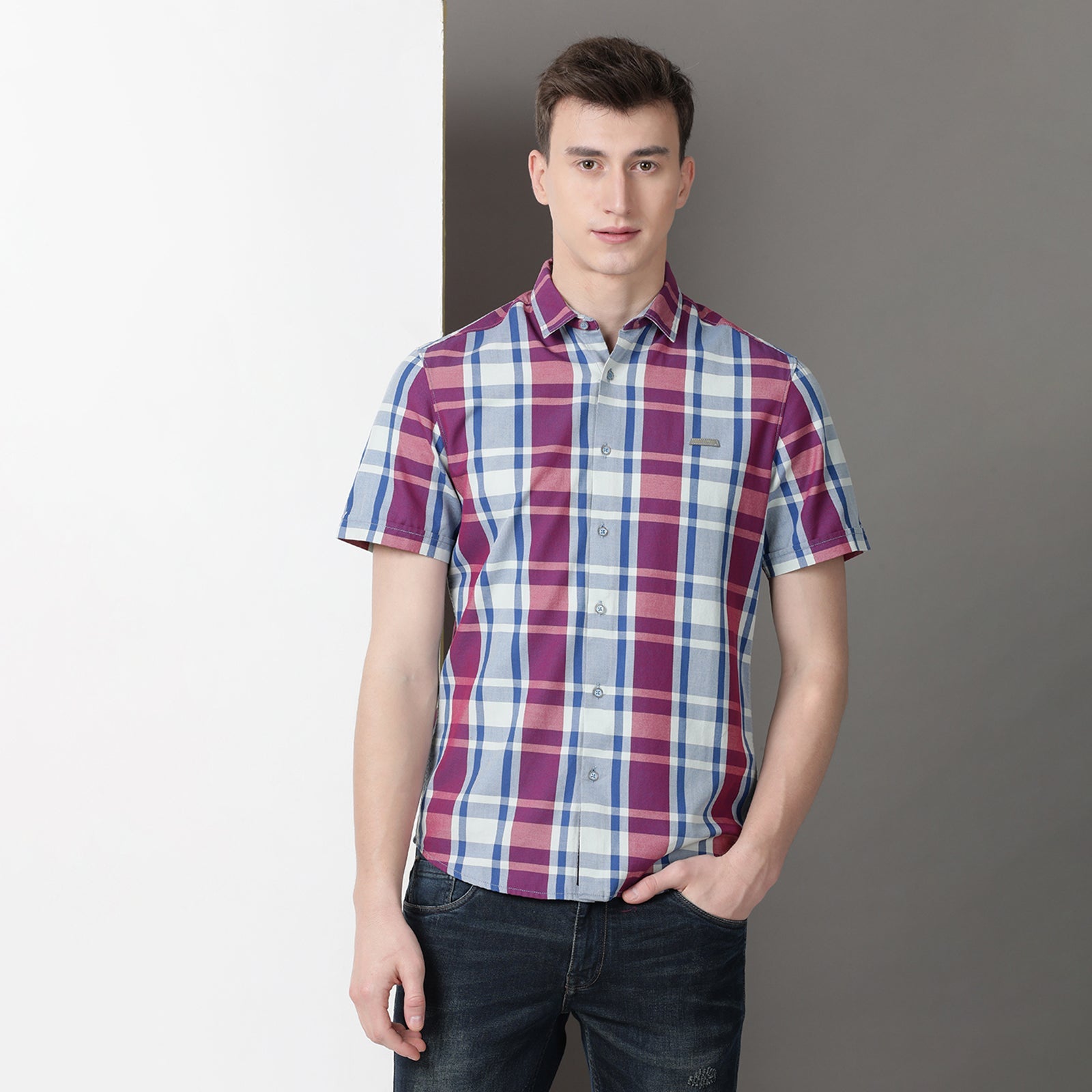 Purple & Blue Half Sleeve Checks Shirt