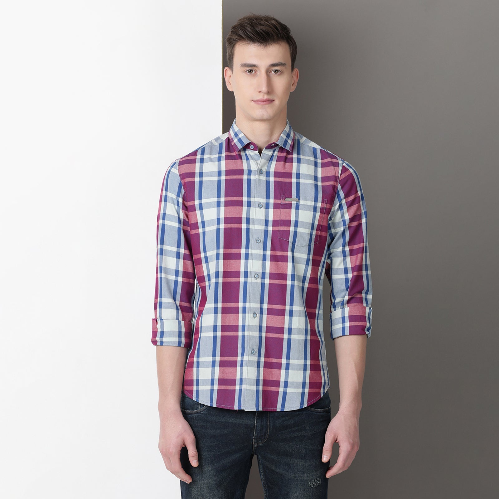 Purple & Blue Full Sleeve Checks Shirt