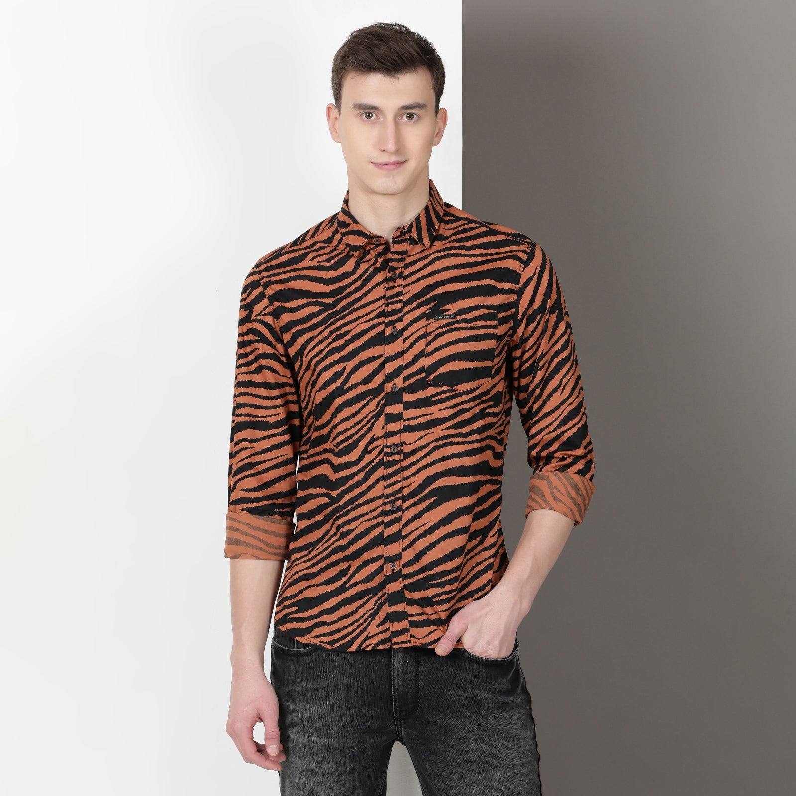 Brown & Black Animal Print Full Sleeve Shirt