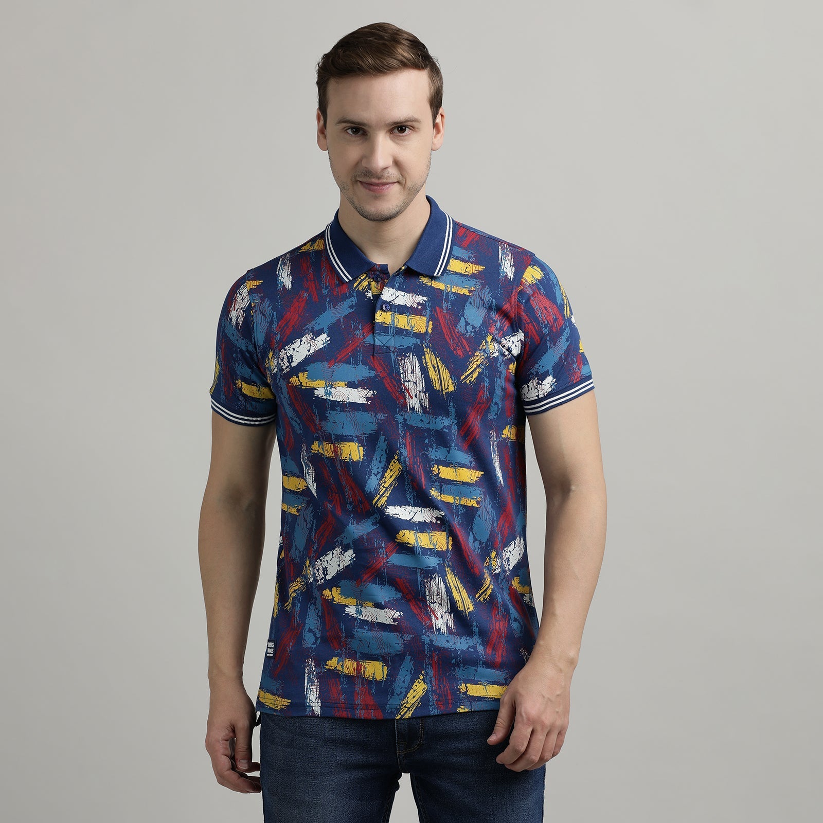 All Over Print Navy Peony Polo T-Shirt