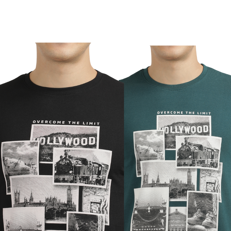 Men's Hollywood Over The Limit Crew Neck Graphic Printed T-Shirt Pack Of 2