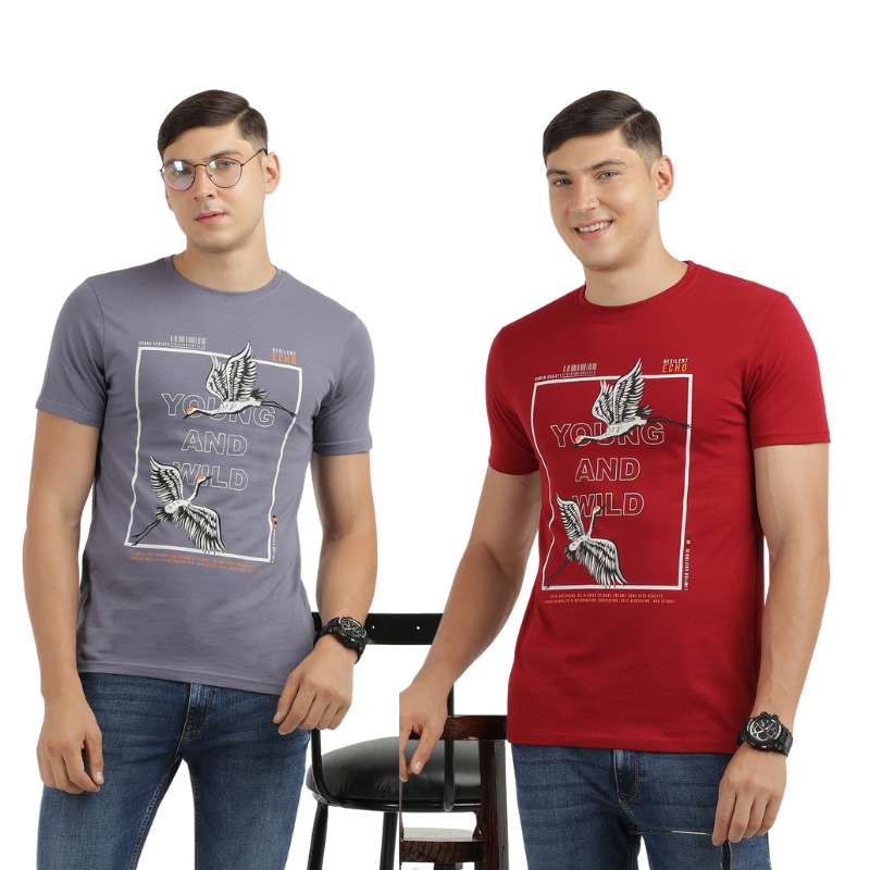 Men's Young And Wild Crew Neck Printed T-Shirt Pack Of 2