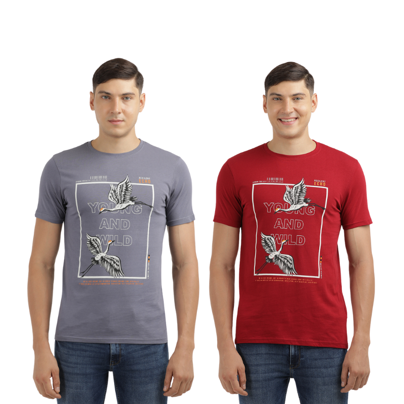 Men's Young And Wild Crew Neck Printed T-Shirt Pack Of 2